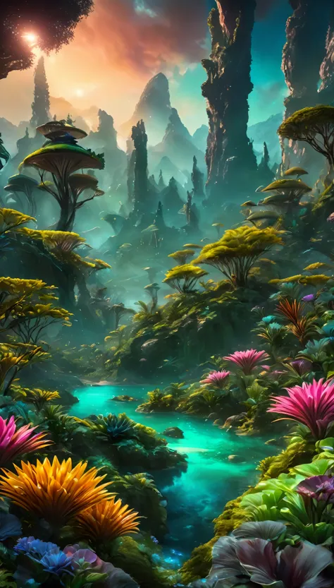 alien landscape:1.5, (best quality, master of peace: 1.3), (hyper-detailed, hyper-realistic color: 1.5), a cosmic garden of exot...