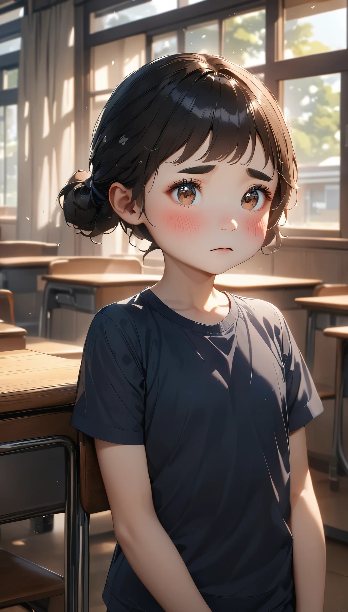 Unity 16K 壁紙, masterpiece, highest quality, Ultra-be familiar with, Extremely be familiar with CG, caustics, cinematic lighting, be familiar with, Beautiful be familiar with Eyes, realistic skin texture, 1 girl, young girl, dark brown eyes, adorable, realistic:1.5, School swimsuit only:1.5, sunlight, (beautiful black hair:1.3, 10 years old:1.3), inside the school, blush, sad eyebrows
