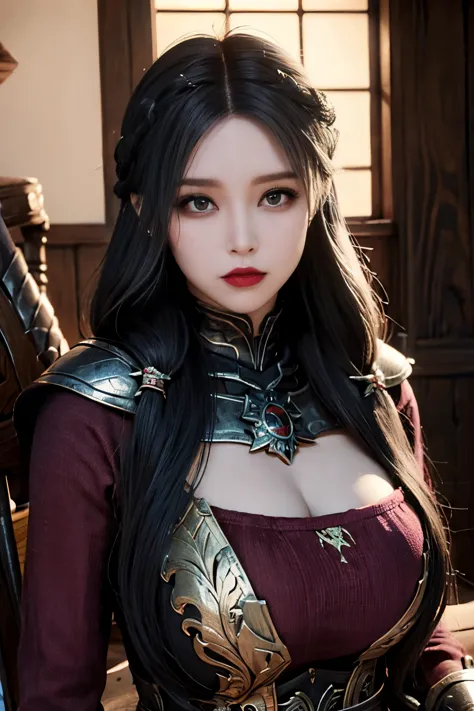 hermosa mujer serena, dama vampiresa Ojos ((ROJOS)) y cara extremadamente detallados,hermosos ojos ultra 4k detallados,con arma...