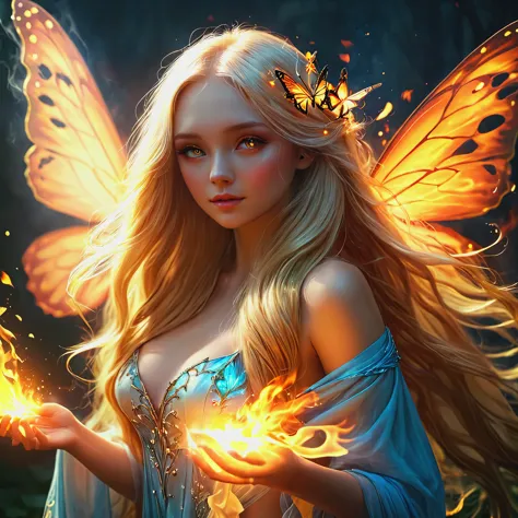 Blonde with long hair, fairy of light with burning clothes and burning butterfly wings