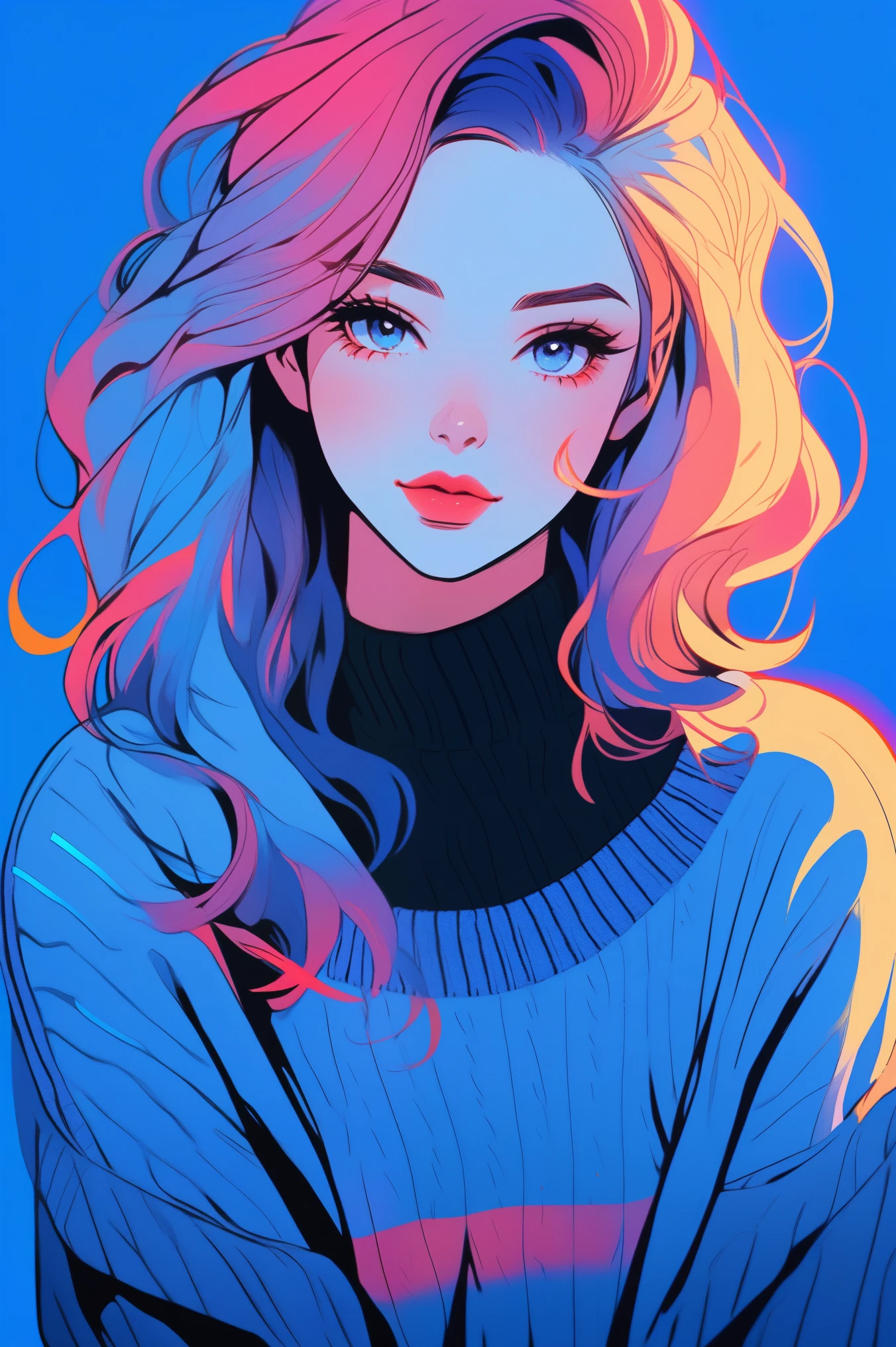 Illustrator, Anime-Serie , Realistisch ,skizzieren , 1 Mädchen, ,Lippe, Pullover,order, Blauer Farbverlauf-Hintergrund, Neon-Haare,Strukturierte Verzierung, kanadisch, (Meisterwerk,beste Qualität)