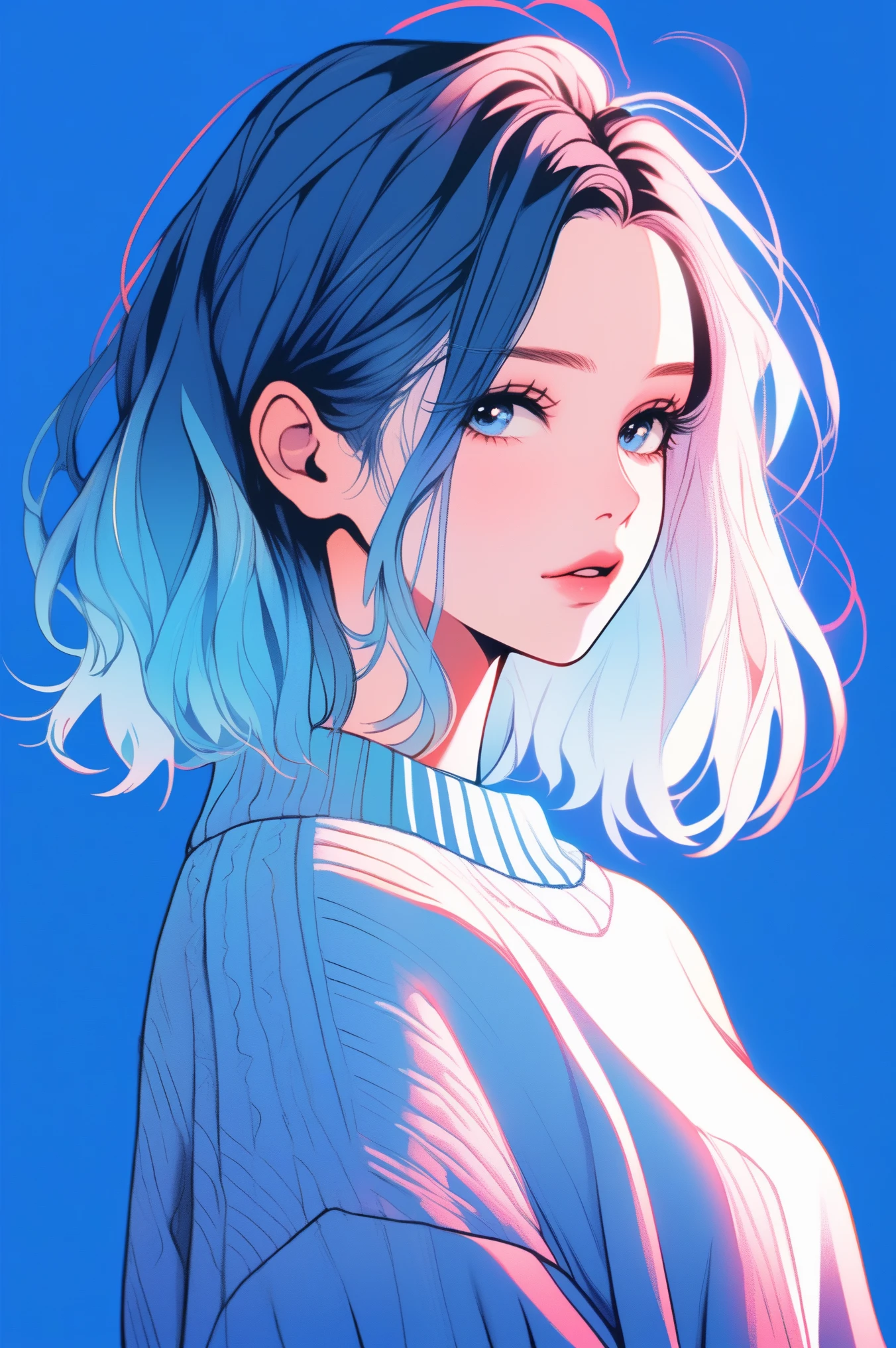 Illustrator, Anime-Serie , Realistisch ,skizzieren , 1 Mädchen, ,Lippe, Pullover,order, Blauer Farbverlauf-Hintergrund, Neon-Haare,Strukturierte Verzierung, kanadisch, (Meisterwerk,beste Qualität)