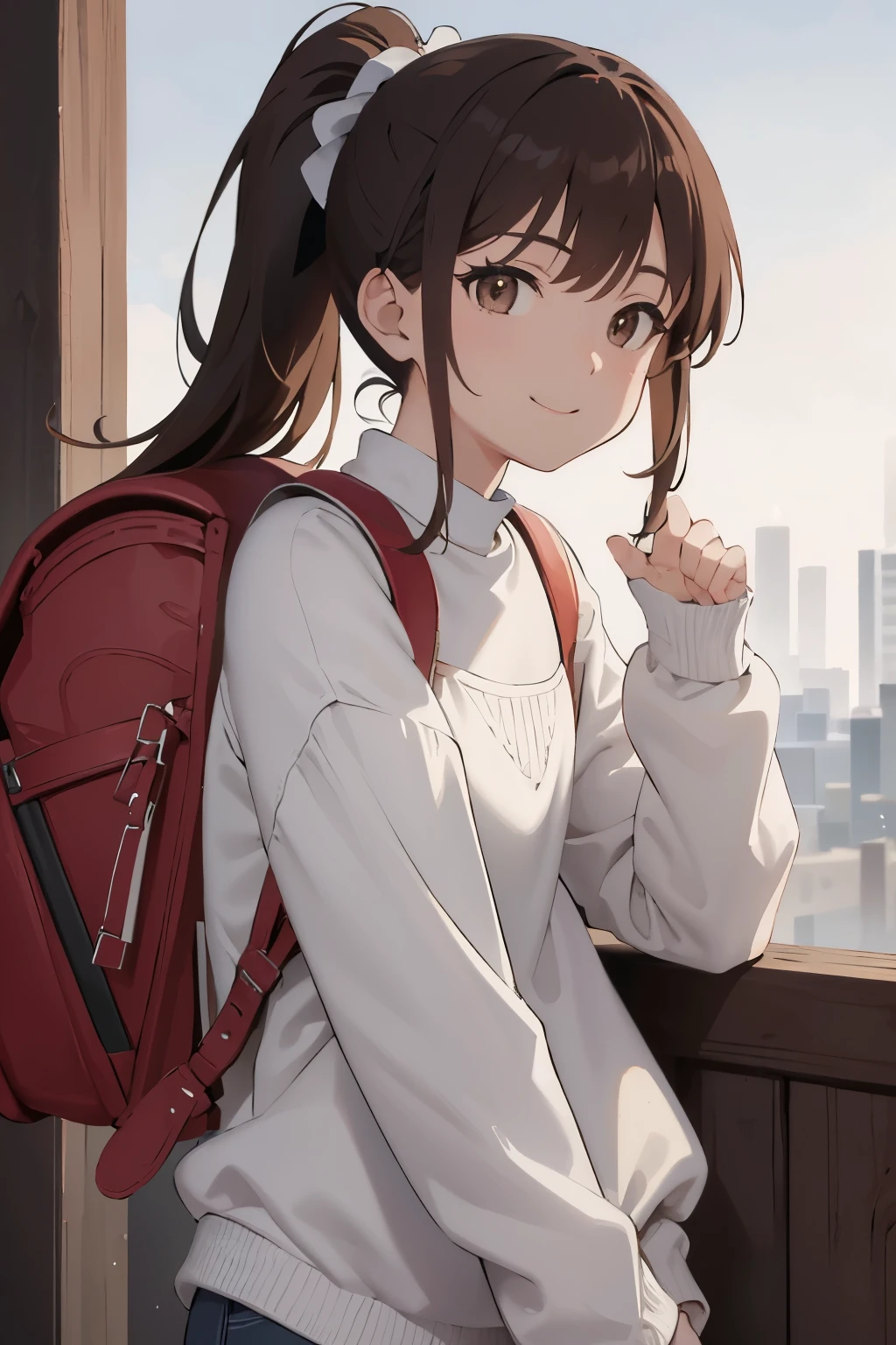 masterpiece, best quality, high resolution, extremely detailed, detailed background, cinematic lighting, 1girl, looking at viewer1  girl, brown hair, ponytail, brown eyes, white blouses, long Sleeve, puffy Sleeve, oversized long pants, smile, ,carry randoseru backpack, (randoseru backpack:1.0)