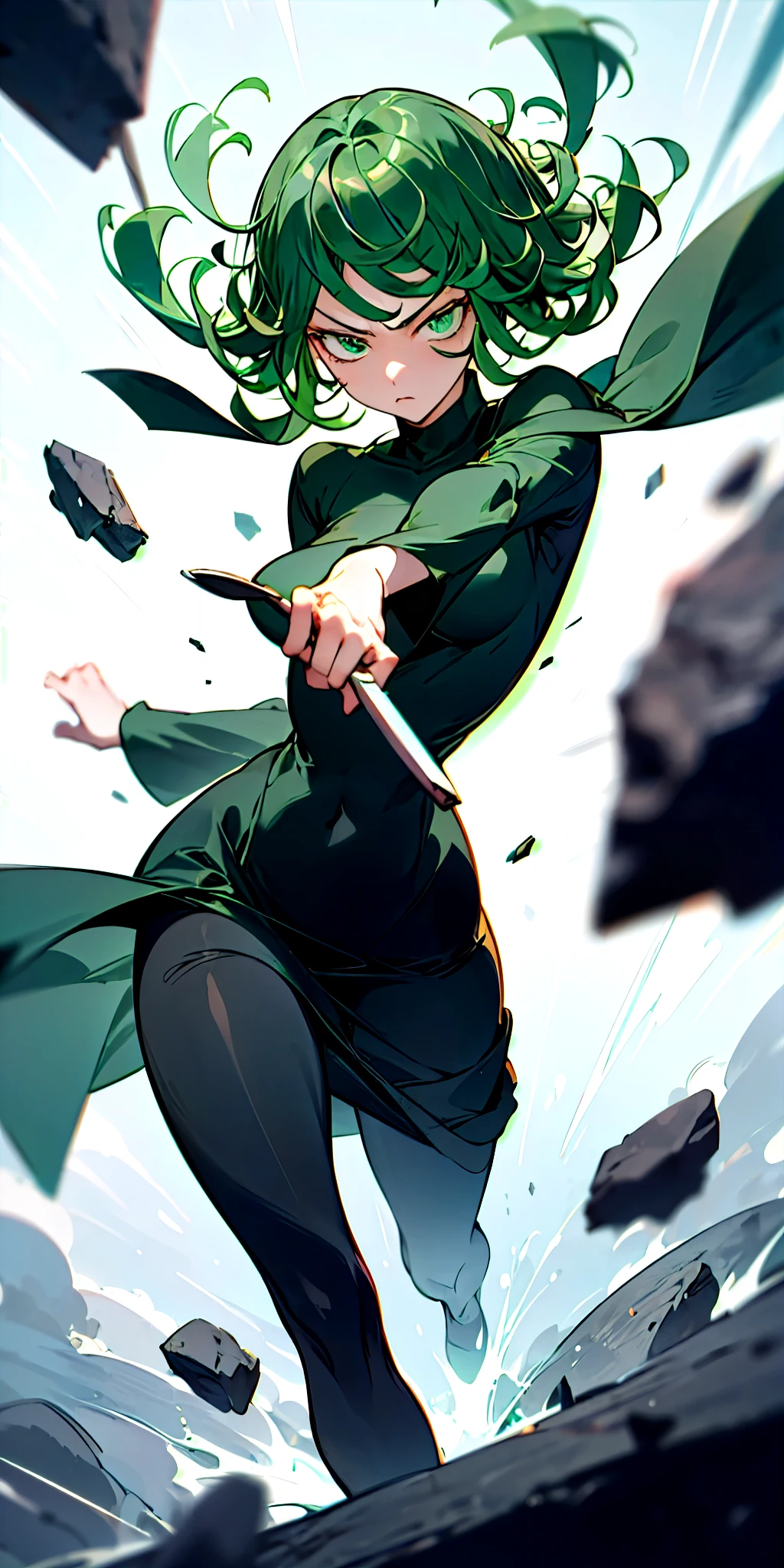 Anime girl with green hair and green cape holding a knife - SeaArt AI