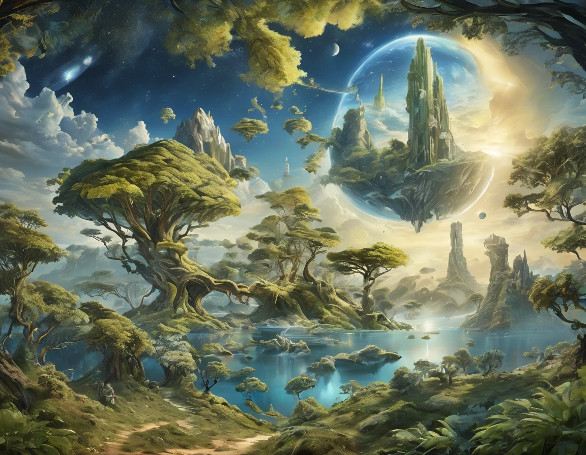 alien landscape:1.5, naves sobrevolando el alien landscape, several planets in the sky, alien animals, ((Imaginative scene)), (( Very detailed: 1.4), (( masterpiece )), ( Hyper-detailed and beautiful: 1.3), (Photorealistic: 1.4), 32K.