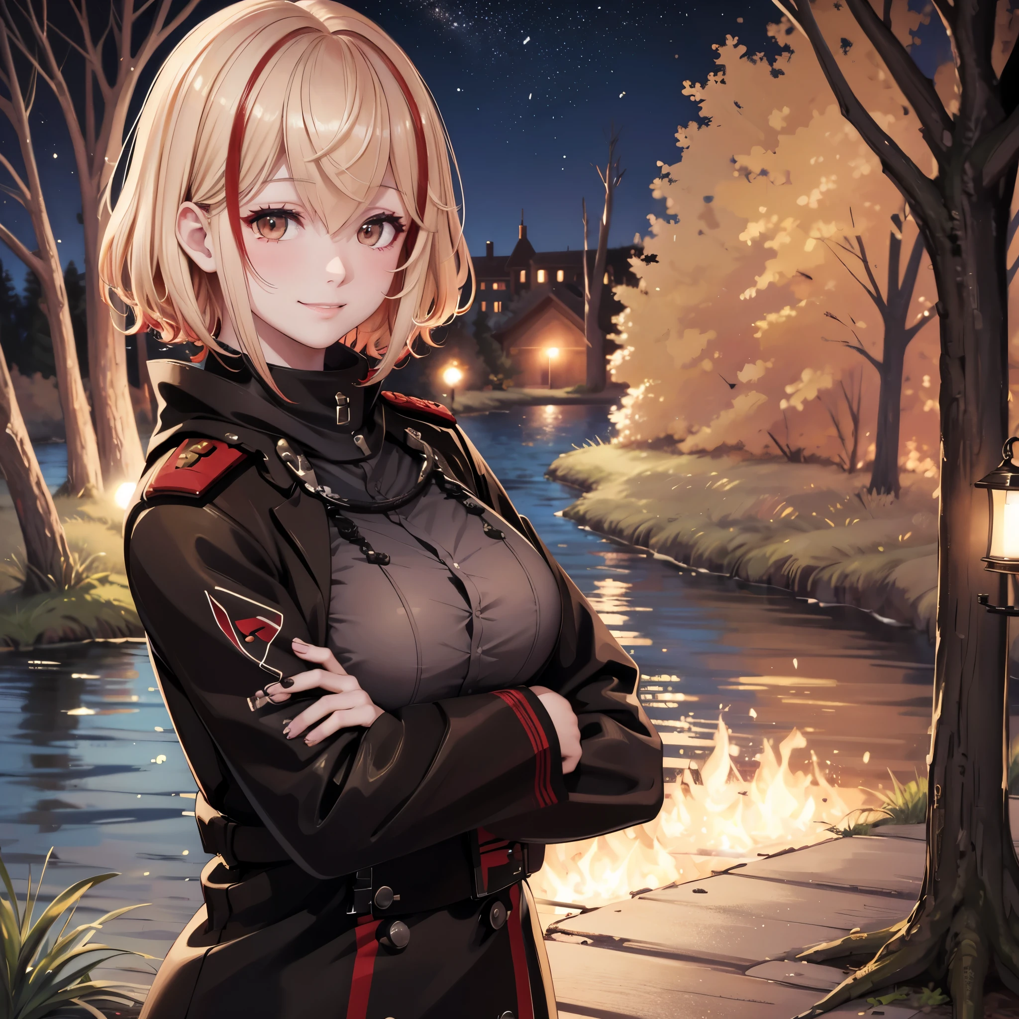 A woman on a walk near a lake, at night, with local lighting, short blonde hair, red bangs, brown eyes, wearing a black cold coat, smiling trees around, ultra resolution, masterpiece, perfect quality, well detailed, 4k hd
