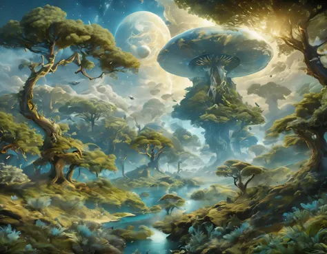 paisaje alienijena:1.5, naves sobrevolando el paisaje alienijena, varios planetas en el cielo, animales alienijenas, ((Imaginati...