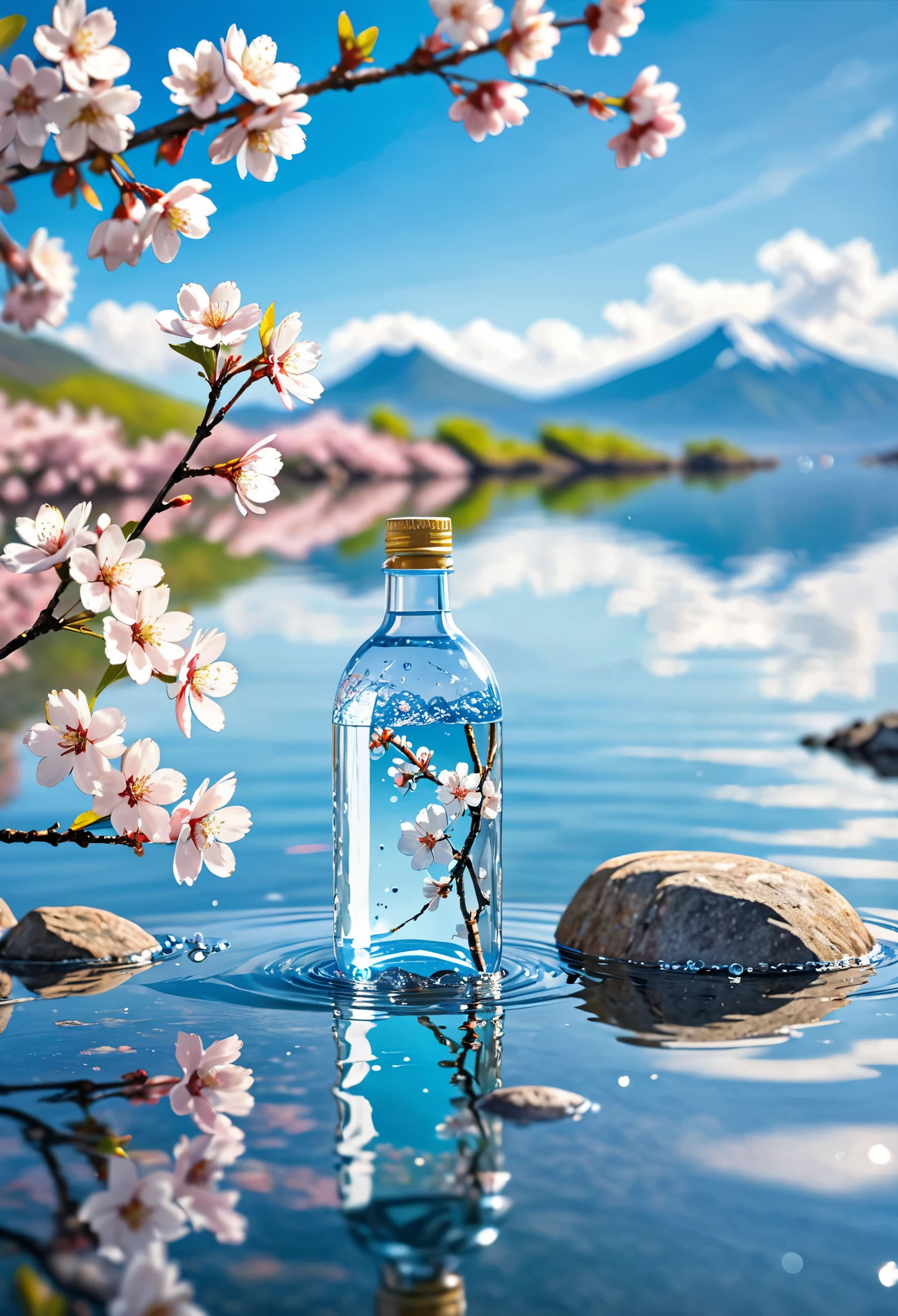 Outdoor, bottle, water, without humans, still life, blurry, bubble, scenery, water drop, ocean, day, sky, blue sky, cloud, blurry background, depth of field, reflection, solo, rock, motion blur, mountain, white flowers, cherry blossoms, branch, ice.

