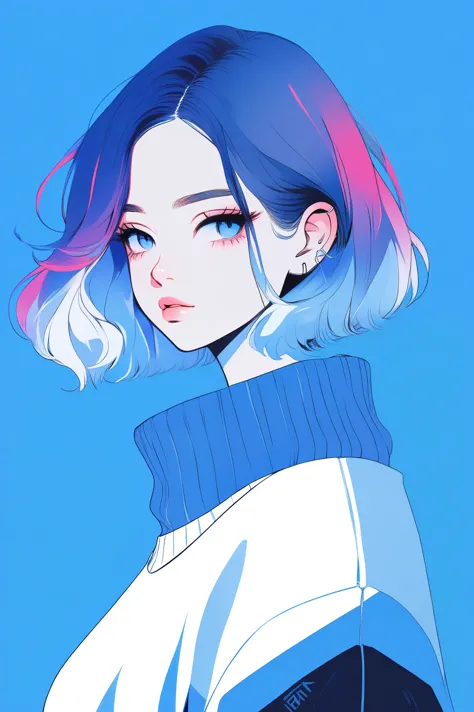 illustrator, anime , realistic ,sketch , 1 girl, ,lip, sweater,order, Blue gradient background, neon hair,Textured trim, Canadia...