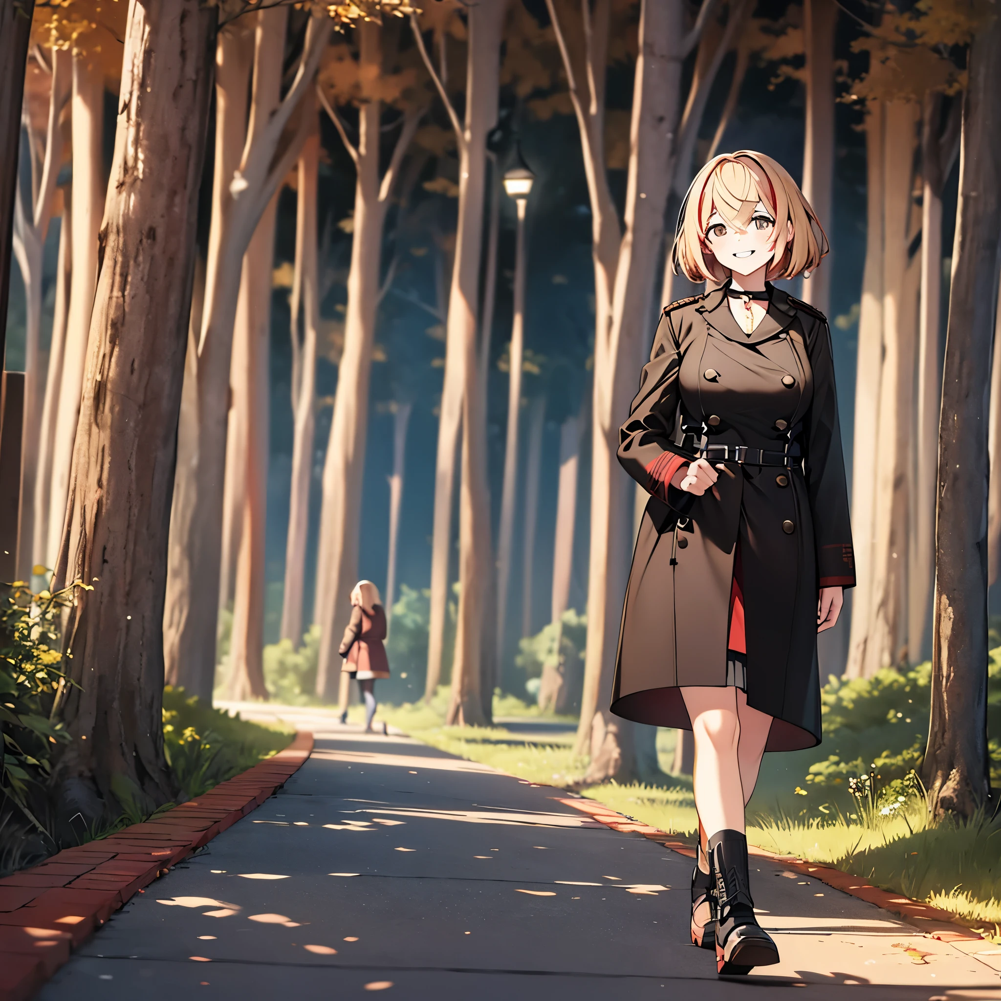 A woman on a walk near a lake, at night, with local lighting, short blonde hair, red bangs, brown eyes, wearing a black cold coat, smiling trees around, ultra resolution, masterpiece, perfect quality, well detailed, 4k hd
