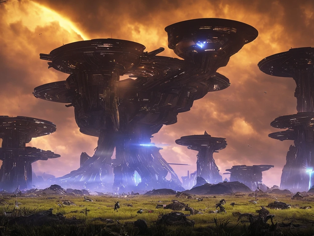 [best quality,4k,highres,masterpiece:1.2],ultra-detailed,(realistic,photorealistic,photo-realistic:1.37),alien landscape,alien invasion,extraterrestrial invasion,otherworldly scenery,alien spacecraft,destructive technology,ominous atmosphere,dark sky,unearthly plants,alien creatures,fiery explosions,space battles,ruined cities,scattered debris,damaged buildings,broken structures,towering spaceships,shimmering energy,interdimensional rifts,alien weapons,advanced technology,dystopian future,impending doom,devastation,desolation,unstoppable force,survival struggle,amidst chaos,heroic resistance,brave humans,alien encounters,epic confrontation,war of worlds,sci-fi,post-apocalyptic,threatening presence,unknown origin,terrifying invaders,unseen danger,colorful skies,dramatic lighting,epic scale,monumental scenery