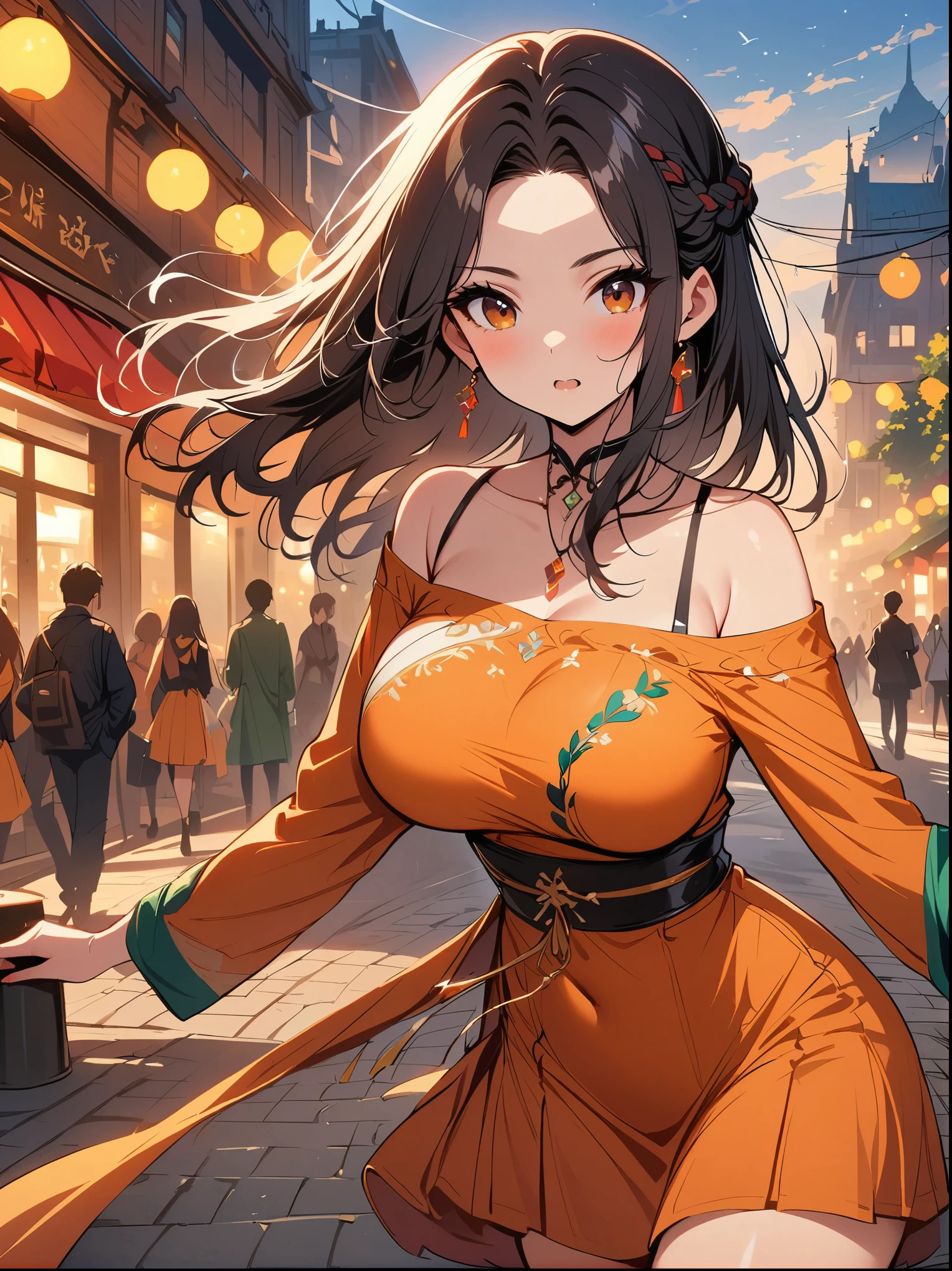 a woman posing on the street corner with orange dress on, best quality, 1 girl, Big breasts, sky, bright, blurred background, bokeh, outdoor, (street:0.8), (people, crowd:0.8), (off shoulder dress:1.2), Gorgeous, (braid bangs:1.2), Beautiful and detailed Sky, (dynamic poses:1.2), soft light, wind, shiny skin, (Upper body:0.8), (freckle:0.8), There is a mole under the mouth, 