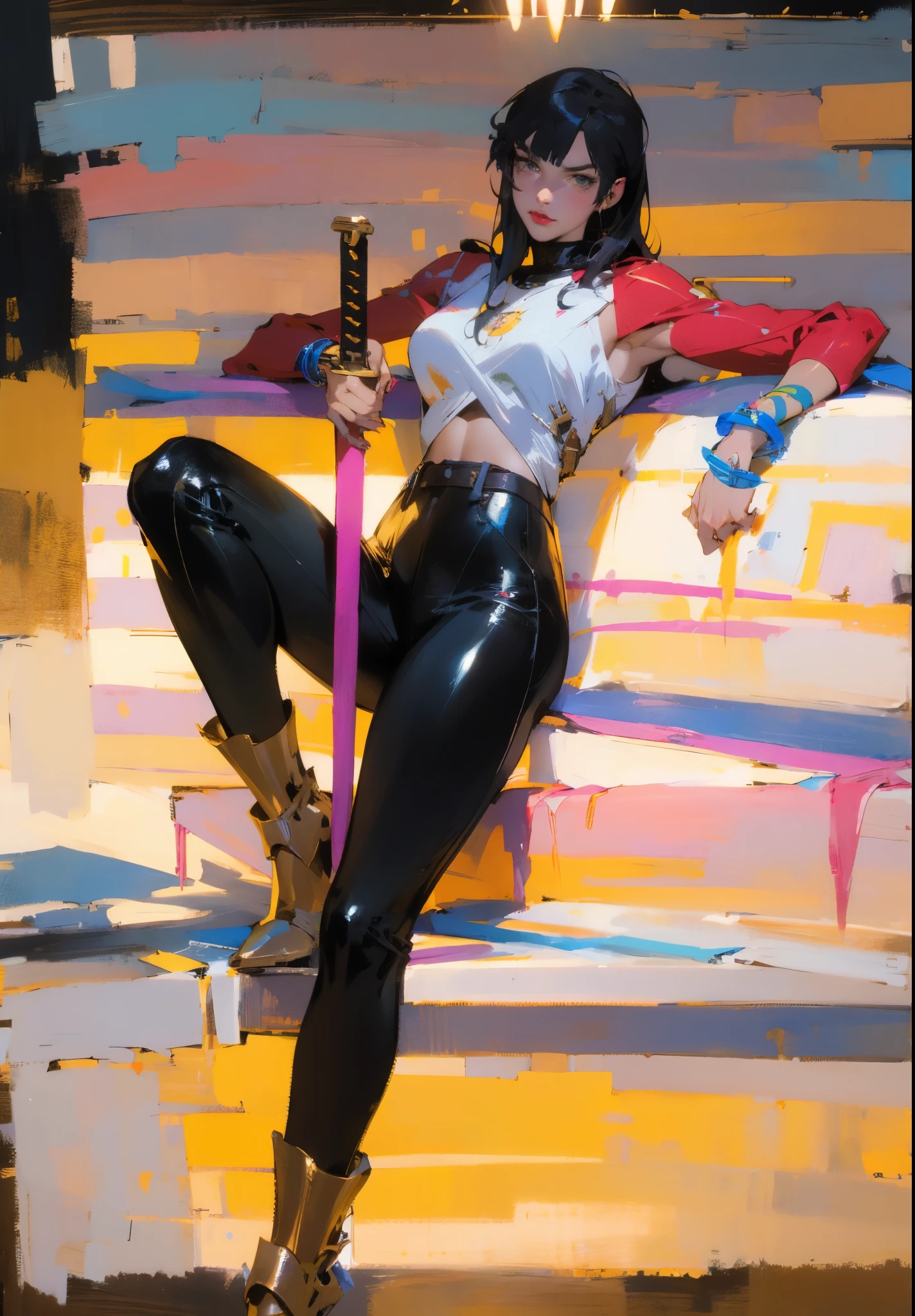 A beautiful woman with long shiny black hair, choppy bangs, a delicate face, a cold proud gaze, a fit figure, a fantasy-style high-necked leather breastplate top, sleeveless, exposes her waist, a bracelet adorns her wrist, tight-fitting leather pants, her right hand holds a longsword with a blue scabbard, she lounges casually sitting, this character embodies a finely crafted fantasy-style bounty hunter in anime style, exquisite and mature manga art style, (Alexandra Daddario:1.2), high definition, best quality, highres, ultra-detailed, ultra-fine painting, extremely delicate, professional, anatomically correct, symmetrical face, extremely detailed eyes and face, high quality eyes, creativity, RAW photo, UHD, 32k, Natural light, cinematic lighting, masterpiece-anatomy-perfect, masterpiece:1.5