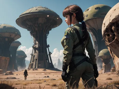 Alien landscape, girl fighting alone against aliens trying to invade Earth