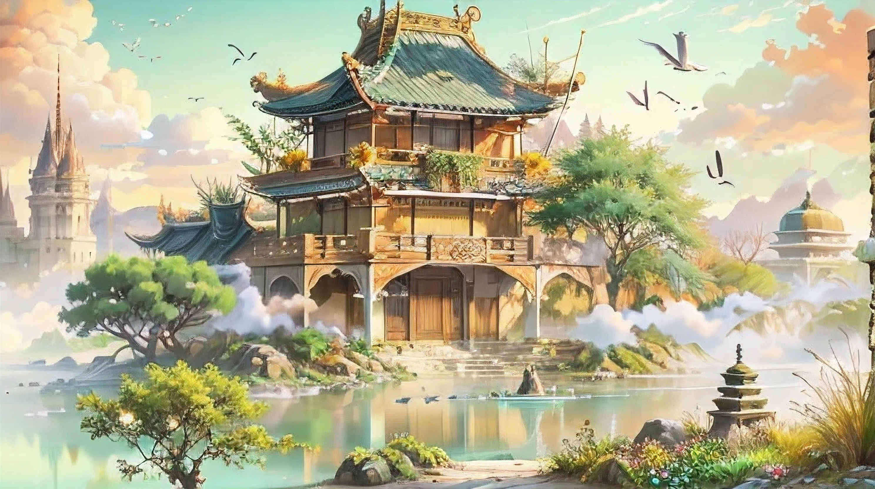 Fairy-filled，Heavenly Palace，Baiyun，Towering Nantianmen，A few egrets flew by，The sun rises，several peach treeany large and small palaces，hazy feeling，white smoke