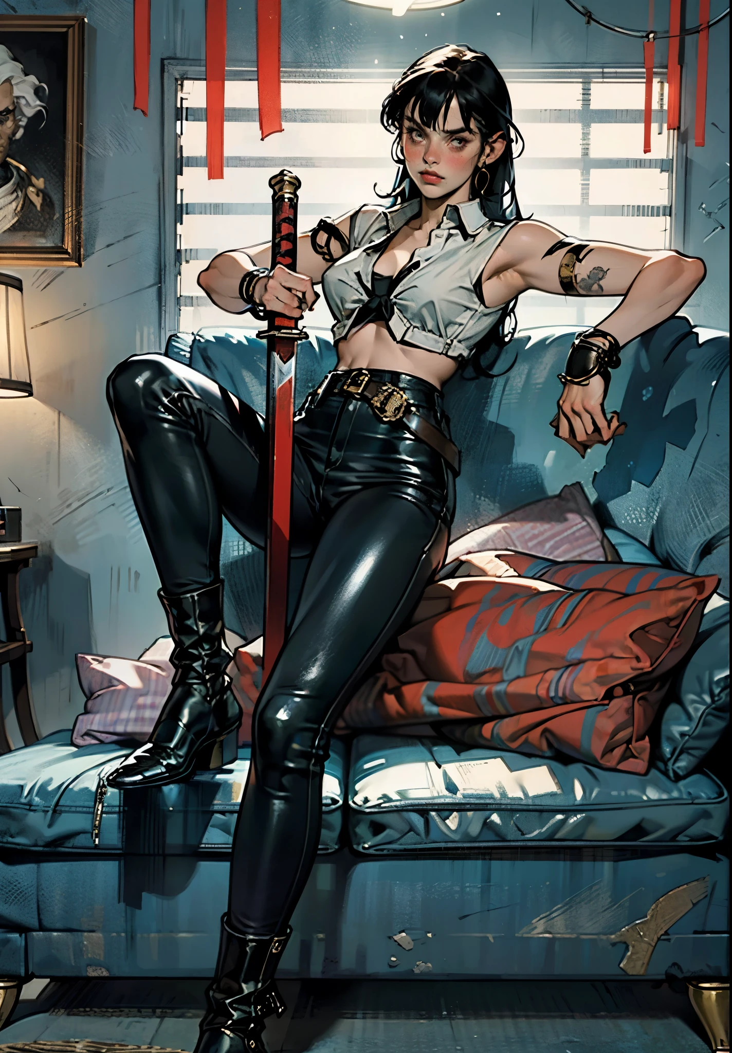 A beautiful woman with long shiny black hair, choppy bangs, a delicate face, a cold proud gaze, a fit figure, a fantasy-style high-necked leather breastplate top, sleeveless, exposes her waist, a bracelet adorns her wrist, tight-fitting leather pants, her right hand holds a longsword with a blue scabbard, she lounges casually sitting on a sofa, this character embodies a finely crafted fantasy-style bounty hunter in anime style, exquisite and mature manga art style, (Alexandra Daddario:1.2), high definition, best quality, highres, ultra-detailed, ultra-fine painting, extremely delicate, professional, anatomically correct, symmetrical face, extremely detailed eyes and face, high quality eyes, creativity, RAW photo, UHD, 32k, Natural light, cinematic lighting, masterpiece-anatomy-perfect, masterpiece:1.5