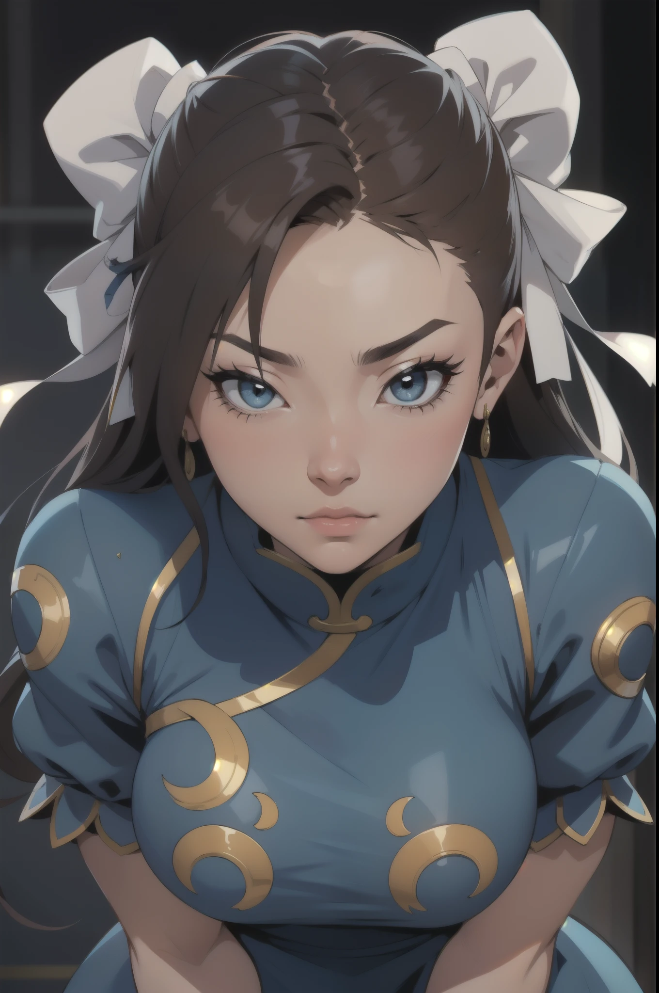 a woman in a blue dress and a white bow on her head, portrait of chun-li, portrait of Chun-Li, Chun-Li, chun-li, chun-li, extremely detailed artegerm, Chun-Li at the gym, artegerm and atey ghailan, artegerm. Alto detalhe, estilo de arte g liulian, inspirado em Pu Hua