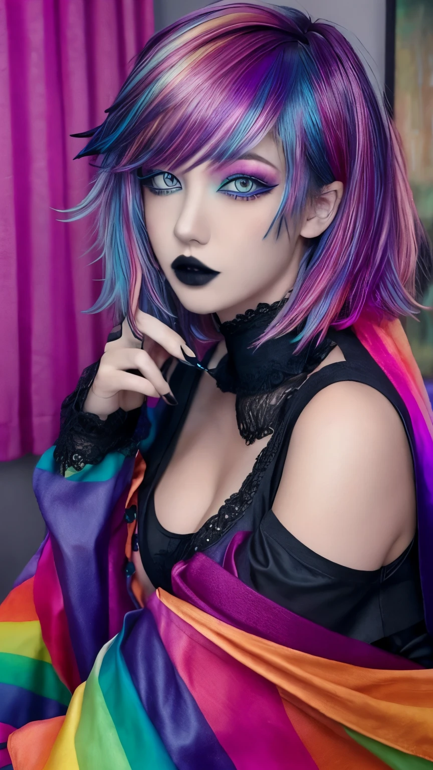 1girl, solo, goth ,short messy hair with long sides, short hair, eyeshadow, mascara, color: spectrum, vivid colors, rainbow hair , bright rainbow hair, perfect eyes, detailed eyes, big breasts, indoors, long sleeves, highly detailed portrait, cute, full body shot