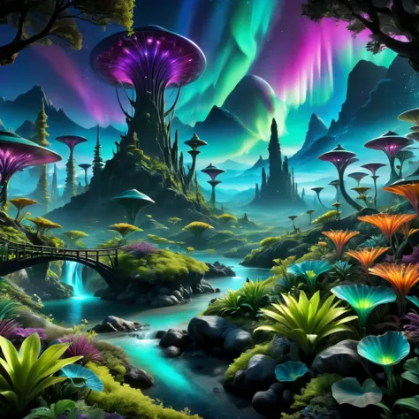 alien landscape:1.5, (Best quality, master of peace: 1.3), (hyper-detailed, hyper-realistic color: 1.5), A cosmic garden of exot...