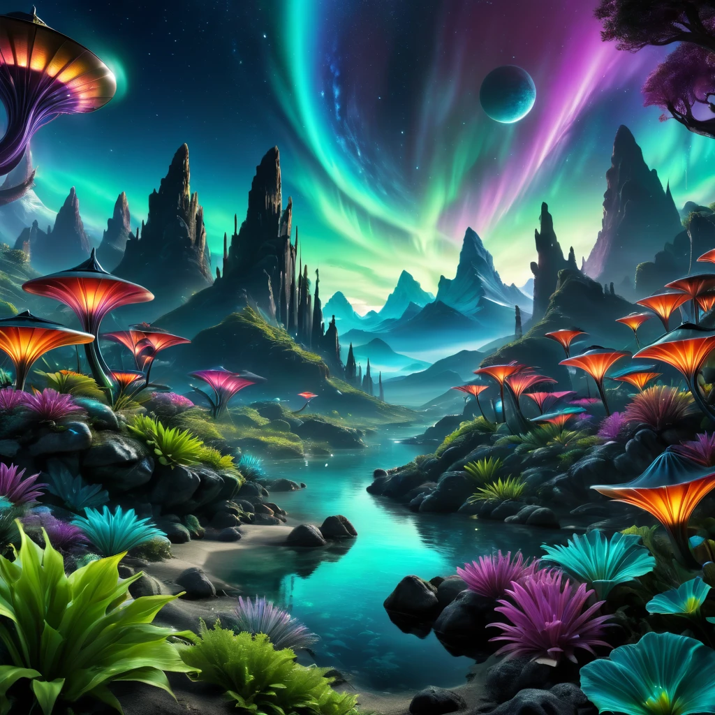 alien landscape:1.5, (Best quality, master of peace: 1.3), (hyper-detailed, hyper-realistic color: 1.5), A cosmic garden of exotic flora and surreal mountains.... At night northern lights, the landscape is illuminated by bioluminescence..., perfect composition, Best exposure, (golden ratio: 1.2), HDR, dramatic, cinematic lighting, trend in artstation, Trends in CG society, professional photography, immense detail, ((perfect: 1.3, meticulously detailed: 1.5, Flawless, High Definition: 1.4, Cinematic: 1.4), ((Workmaster)), (Hyper Detailed: 1.4 ), (Photorealistic: 1.4), Epic, Night: 1.4, 32k.