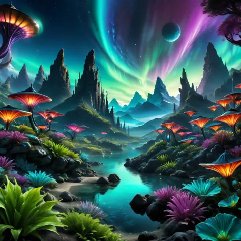 alien landscape:1.5, (best quality, master of peace: 1.3), (hyper-detailed, hyper-realistic color: 1.5), a cosmic garden of exot...