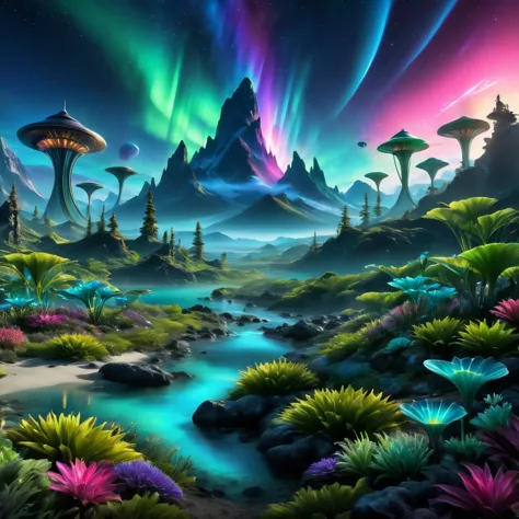 alien landscape:1.5, (best quality, master of peace: 1.3), (hyper-detailed, hyper-realistic color: 1.5), a cosmic garden of exot...