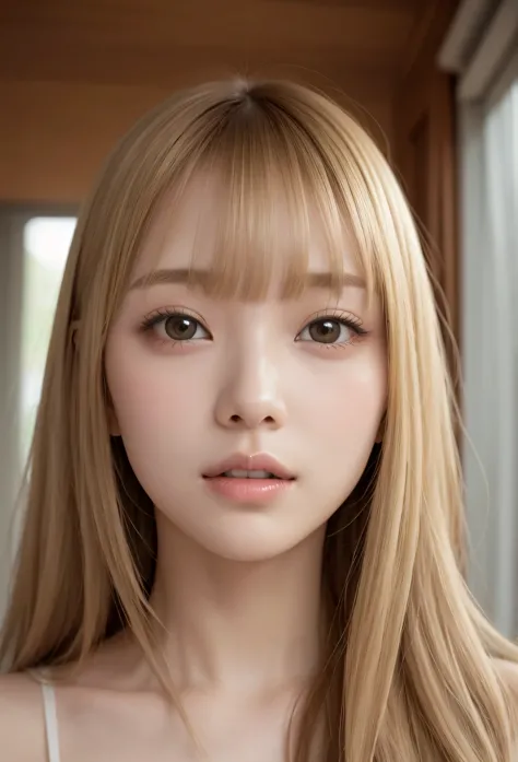 sexy and very beautiful face、super long、shine like silk、metallic butter blonde hair、swaying bangs、Sexy 17 years old、cute 