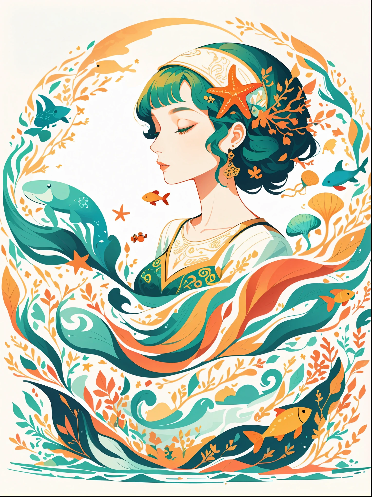 Vector flat illustration art，A girl wears a long blue wavy decoration on her head，Funny illustration of dancing with the waves，There is a small crab on the headdress、coral、starfish、jellyfish、Small fish etc.，（whole body），Her hair consists of many waves and fish、coral、starfish、Jellyfish and other components，The background is the sea and the blue moon，（The background blends in with the little girl&#39;s hair），Surround on both sides，Evoking the allure of the enchanting ocean，White background，The murmur of Chinese calligraphy，vivid，flash，reflection，best number，8k，high definition，high resolution，double exposure，Beautiful digital illustration，Evander Earle style，fine details，Paul Signac style，beautiful details