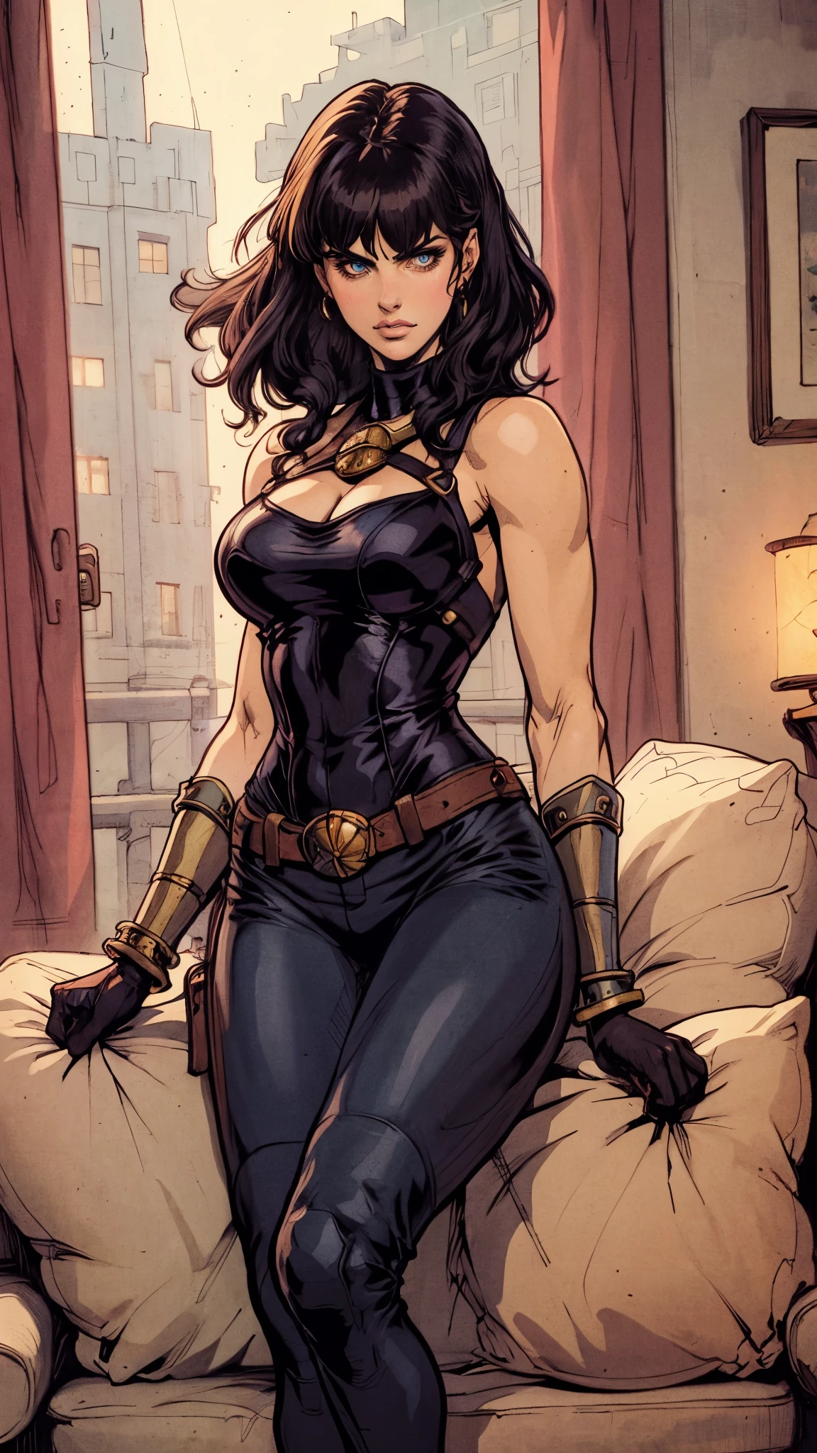 A beautiful woman with long shiny black hair, choppy bangs, a delicate face, a cold proud gaze, a fit figure, a fantasy-style high-necked leather breastplate top, sleeveless, exposes her waist, a bracelet adorns her wrist, tight-fitting leather pants, her right hand holds a longsword with a blue scabbard, she lounges casually sitting on a sofa, this character embodies a finely crafted fantasy-style bounty hunter in anime style, exquisite and mature manga art style, (Alexandra Daddario:1.2), high definition, best quality, highres, ultra-detailed, ultra-fine painting, extremely delicate, professional, anatomically correct, symmetrical face, extremely detailed eyes and face, high quality eyes, creativity, RAW photo, UHD, 32k, Natural light, cinematic lighting, masterpiece-anatomy-perfect, masterpiece:1.5