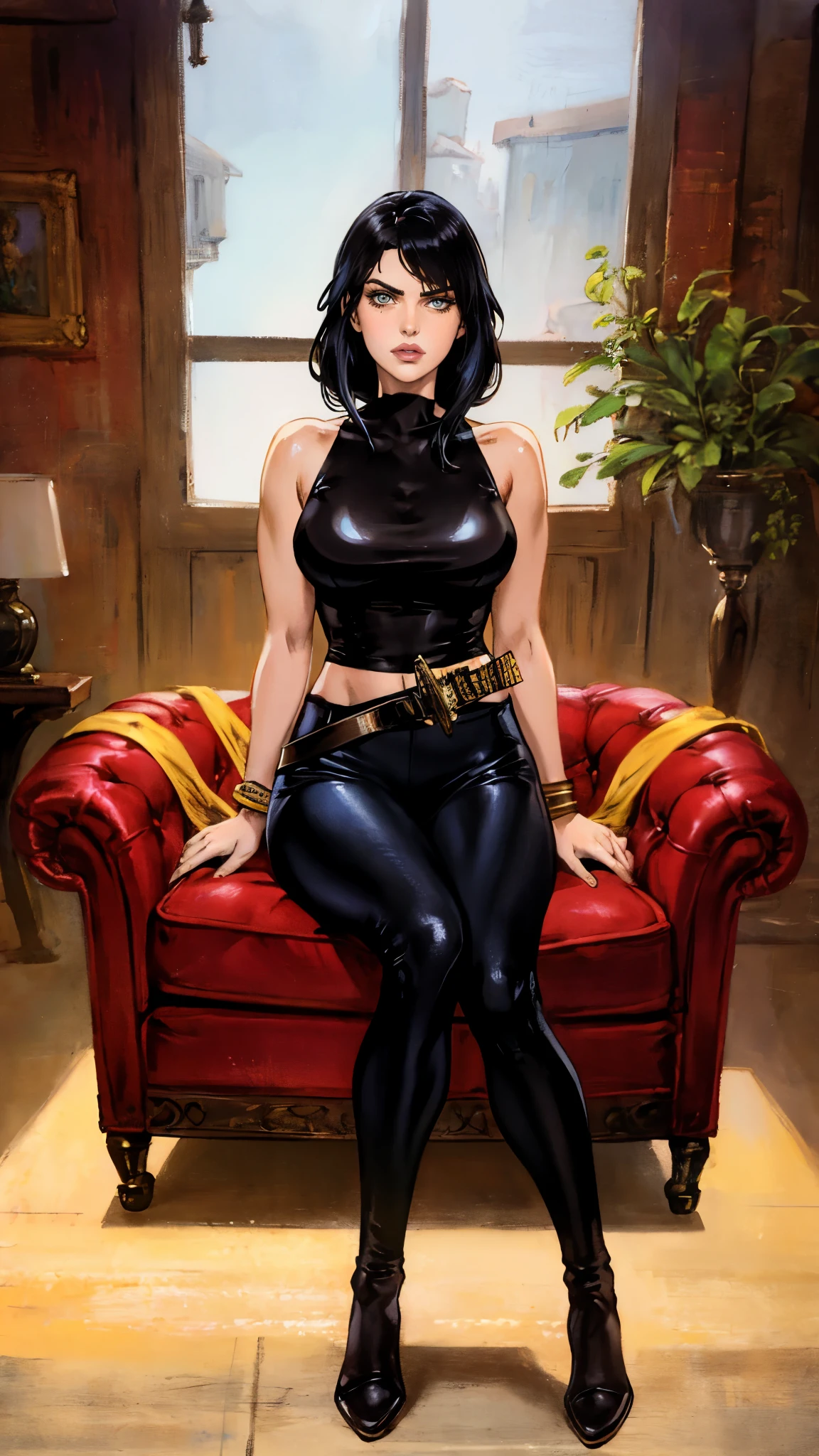 A beautiful woman with long shiny black hair, choppy bangs, a delicate face, a cold proud gaze, a fit figure, a fantasy-style high-necked leather breastplate top, sleeveless, exposes her waist, a bracelet adorns her wrist, tight-fitting leather pants, her right hand holds a Katana with a blue scabbard, she lounges casually sitting on a sofa, this character embodies a finely crafted fantasy-style bounty hunter in anime style, exquisite and mature manga art style, (Alexandra Daddario:1.2), high definition, best quality, highres, ultra-detailed, ultra-fine painting, extremely delicate, professional, anatomically correct, symmetrical face, extremely detailed eyes and face, high quality eyes, creativity, RAW photo, UHD, 32k, Natural light, cinematic lighting, masterpiece-anatomy-perfect, masterpiece:1.5