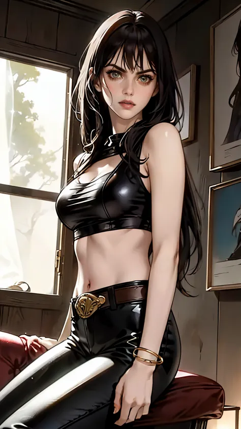 A beautiful woman with long shiny black hair, choppy bangs, a delicate face, a cold proud gaze, a fit figure, a fantasy-style hi...