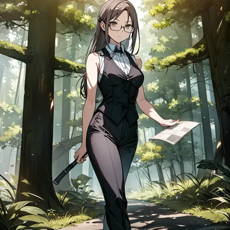 a woman wearing a sleeveless suit, brown adventurer pants, long gray hair, brown eyes, with explorer equipment, walking in a for...