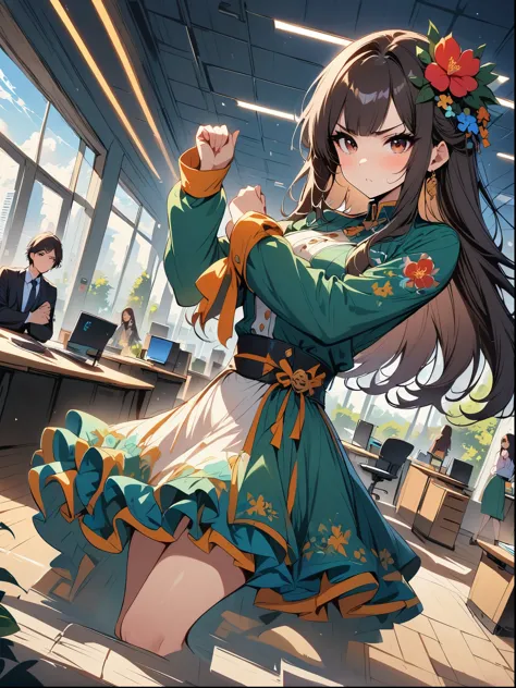 masterpiece, Excellent, (office: 1.8), Ultra-high-detail CG drawings, permanent, 1 Royal sisters, angry, woman with short brown hair, layered dress, hands crossed at waist, Face the audience, illustration, wide angle panorama
