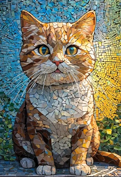 portrait of kitty adventurer ,radiation mosaic:1.2, catch the sun:0.8, like shards of glass that infuse warmth and energy into t...