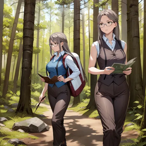 a woman wearing a sleeveless suit, brown adventurer pants, long gray hair, brown eyes, with explorer equipment, walking in a for...