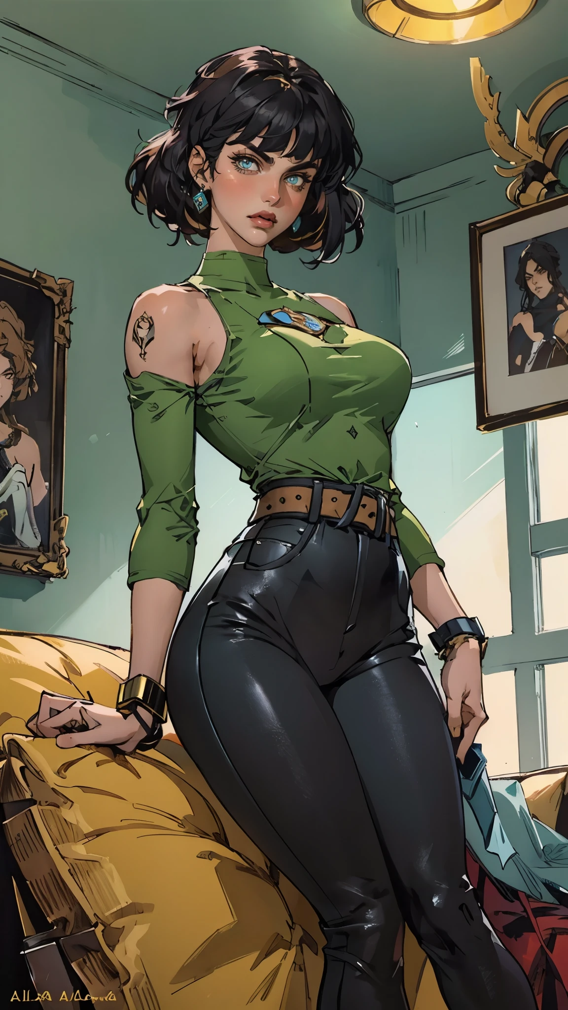 A beautiful woman with long shiny black hair, choppy bangs, a delicate face, a cold proud gaze, a fit figure, a fantasy-style high-necked leather breastplate top, sleeveless, exposes her waist, a bracelet adorns her wrist, tight-fitting leather pants, her right hand holds a Katana with a blue scabbard, she lounges casually sitting on a sofa, this character embodies a finely crafted fantasy-style bounty hunter in anime style, exquisite and mature manga art style, (Alexandra Daddario:1.2), high definition, best quality, highres, ultra-detailed, ultra-fine painting, extremely delicate, professional, anatomically correct, symmetrical face, extremely detailed eyes and face, high quality eyes, creativity, RAW photo, UHD, 32k, Natural light, cinematic lighting, masterpiece-anatomy-perfect, masterpiece:1.5