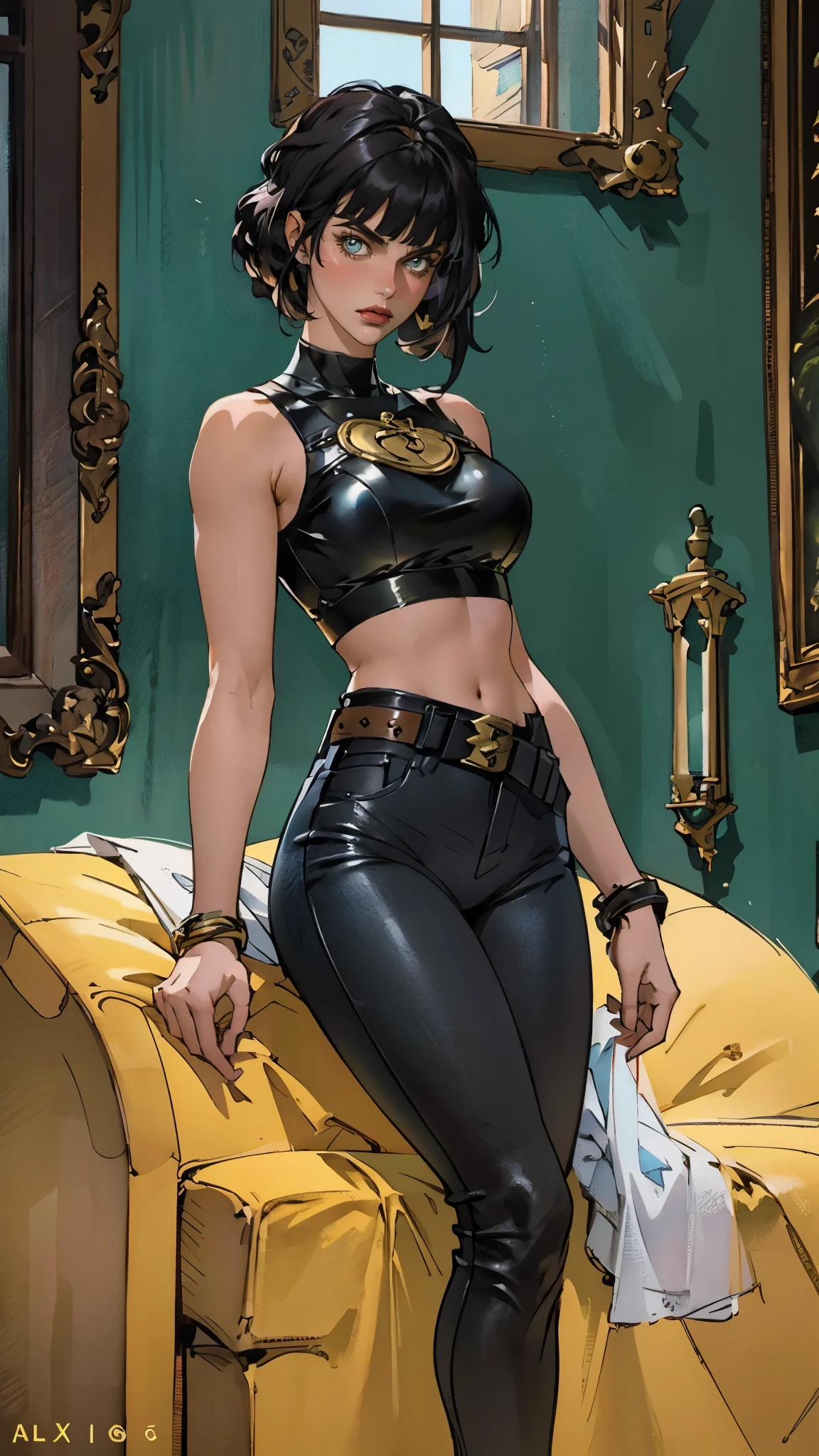 A beautiful woman with long shiny black hair, choppy bangs, a delicate face, a cold proud gaze, a fit figure, a fantasy-style high-necked leather breastplate top, sleeveless, exposes her waist, a bracelet adorns her wrist, tight-fitting leather pants, her right hand holds a Katana with a blue scabbard, she lounges casually sitting on a sofa, this character embodies a finely crafted fantasy-style bounty hunter in anime style, exquisite and mature manga art style, (Alexandra Daddario:1.2), high definition, best quality, highres, ultra-detailed, ultra-fine painting, extremely delicate, professional, anatomically correct, symmetrical face, extremely detailed eyes and face, high quality eyes, creativity, RAW photo, UHD, 32k, Natural light, cinematic lighting, masterpiece-anatomy-perfect, masterpiece:1.5