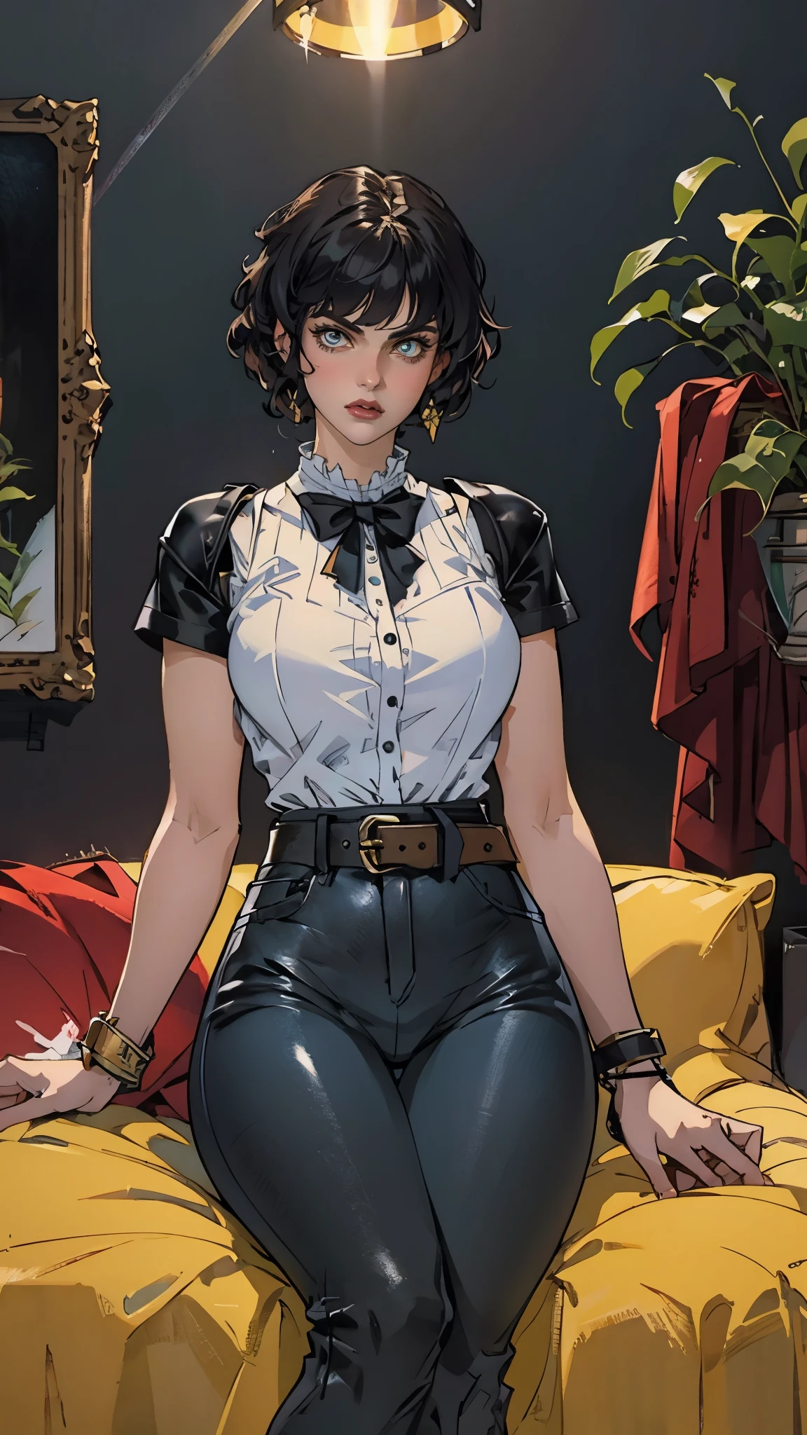 A beautiful woman with long shiny black hair, choppy bangs, a delicate face, a cold proud gaze, a fit figure, a fantasy-style high-necked leather breastplate top, sleeveless, exposes her waist, a bracelet adorns her wrist, tight-fitting leather pants, her right hand holds a Katana with a blue scabbard, she lounges casually sitting on a sofa, this character embodies a finely crafted fantasy-style bounty hunter in anime style, exquisite and mature manga art style, (Alexandra Daddario:1.2), high definition, best quality, highres, ultra-detailed, ultra-fine painting, extremely delicate, professional, anatomically correct, symmetrical face, extremely detailed eyes and face, high quality eyes, creativity, RAW photo, UHD, 32k, Natural light, cinematic lighting, masterpiece-anatomy-perfect, masterpiece:1.5