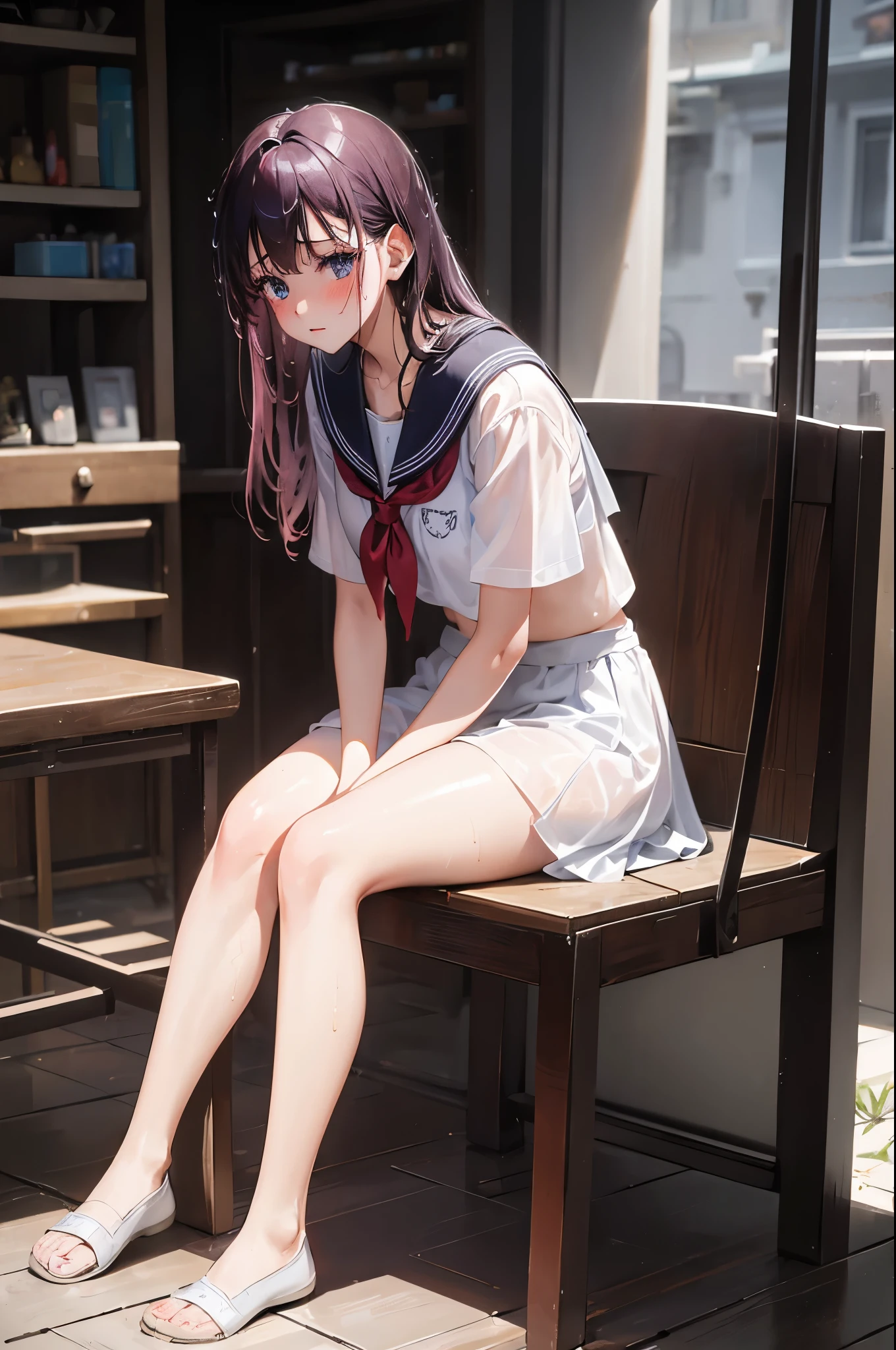 Anime girl sitting on a bench in a restaurant with a bookcase - SeaArt AI