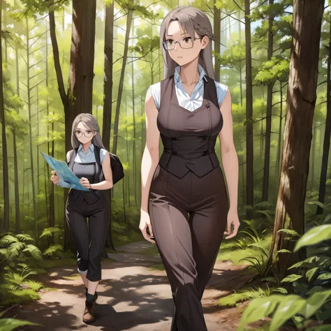 a woman wearing a sleeveless suit, brown adventurer pants, long gray hair, brown eyes,(just a woman), with explorer equipment, w...