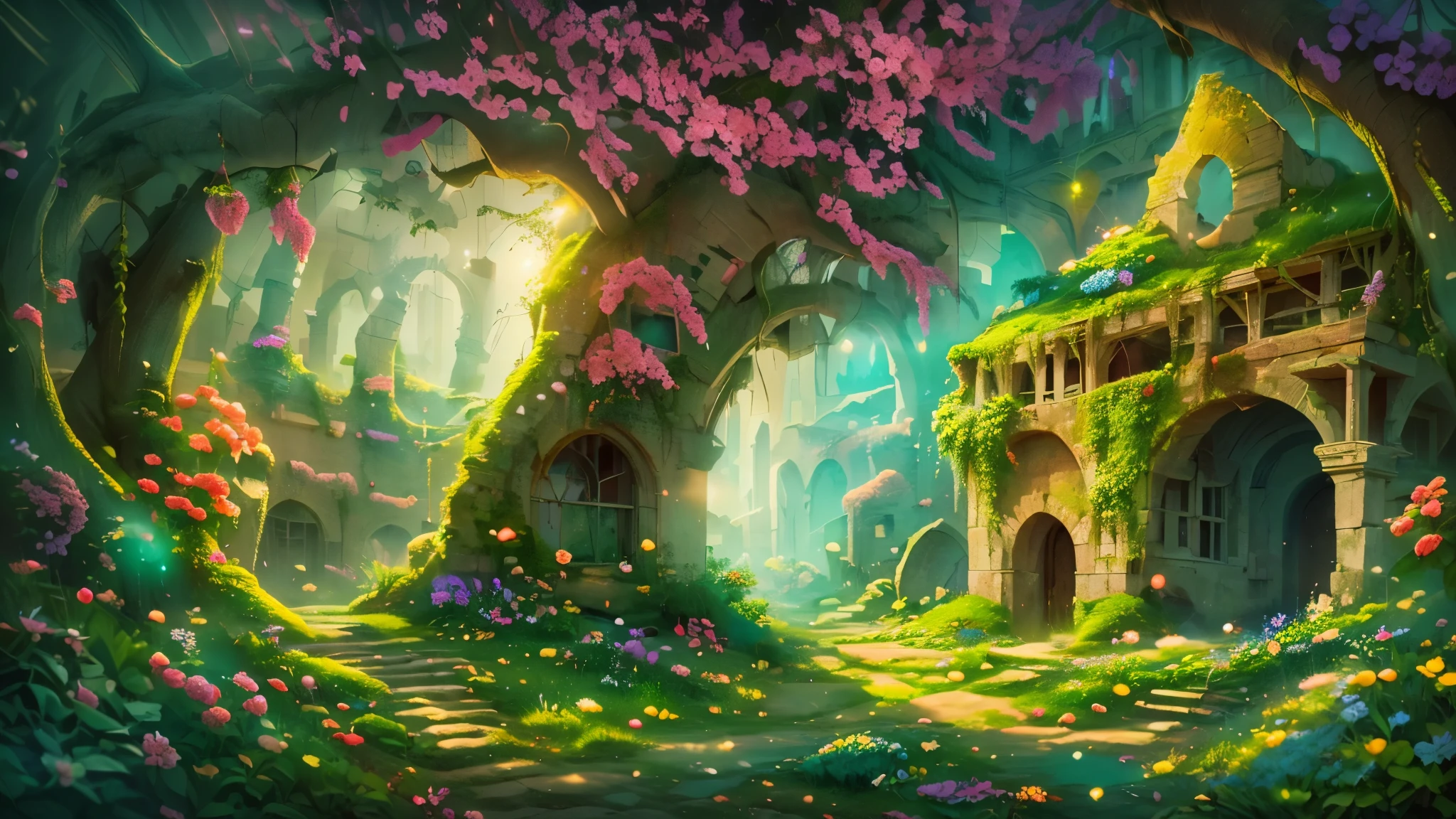 Masterpiece, best quality, 8k, panoramic view, ancient ruins, shadows of gnome houses and decaying paintings, witnesses of once great wealth, colorful flora and fauna, ethereal atmosphere, ethereal light, whispering trees, magical whispers, harmony of nature, ethereal magic,