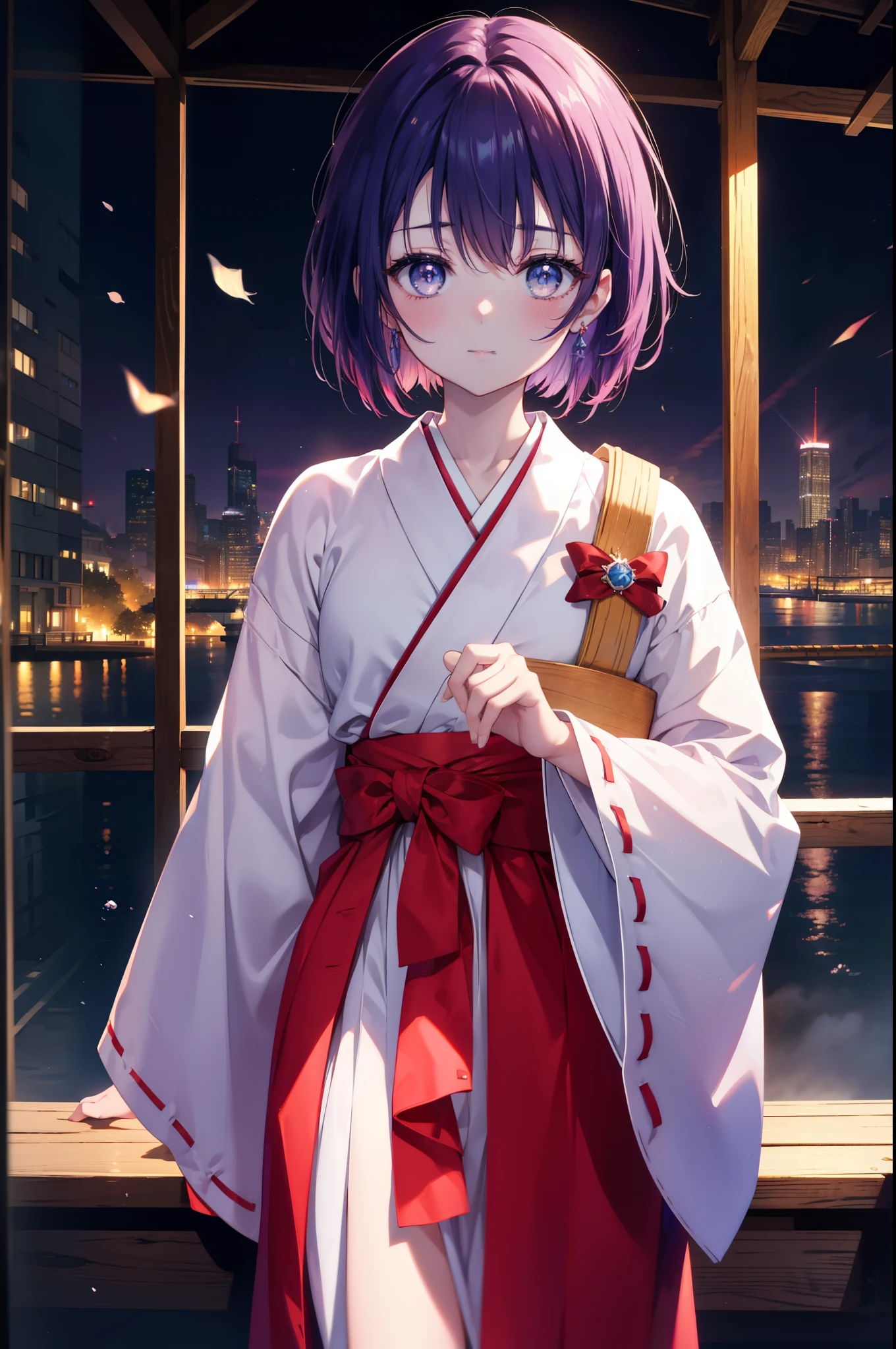 harunasairenji, haruna sairenji, hair ornaments, (purple eyes:1.1), purple hair, short hair, smile,blush,Platycodon,Miko,white kimono, kimono, red hakama,same as skirt, wide sleeve, long sleeve, ribbon trim sleeves, 
looking at the viewer, Are standing, 
break outdoors, shrine,torii,
break looking at viewer,Upper body (cowboy shot:1.5),
break (masterpiece:1.2), highest quality, High resolution, unity 8k wallpaper, (figure:0.8), (detailed and beautiful eyes:1.6), highly detailed face, perfect lighting, Very detailed CG, (perfect hands, perfect anatomy),