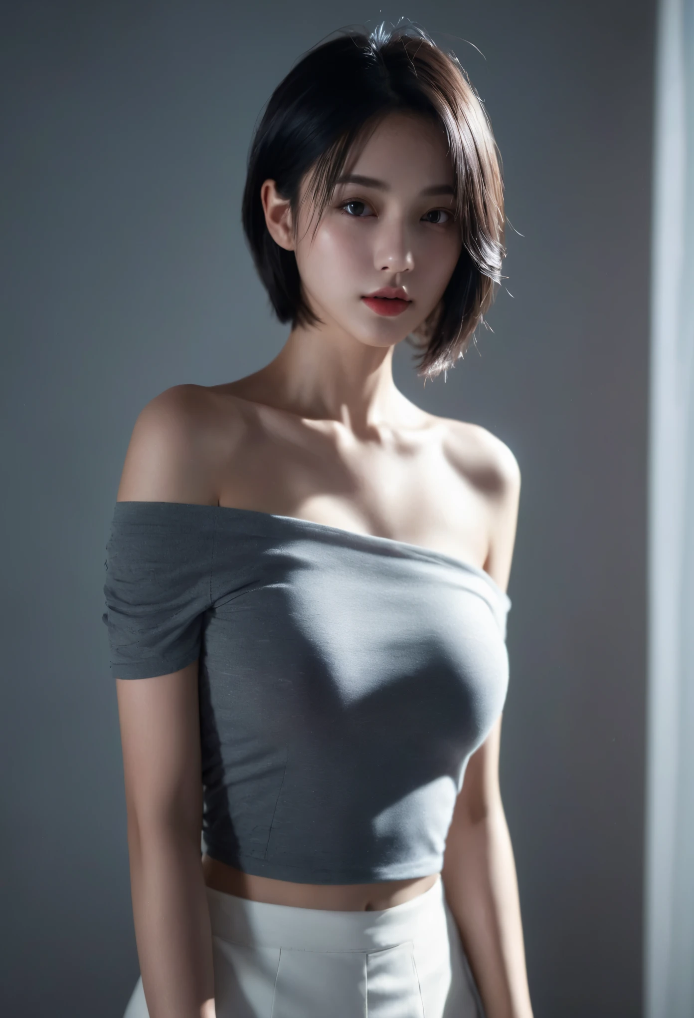 Best quality, masterpiece, ultra high res, (photorealistic:1.5), raw photo, 1girl, offshoulder, in the dark, deep shadow, low key, cold light, sexy look, short hair,xxmixgirl,yinglight, Half body photo,nsfw