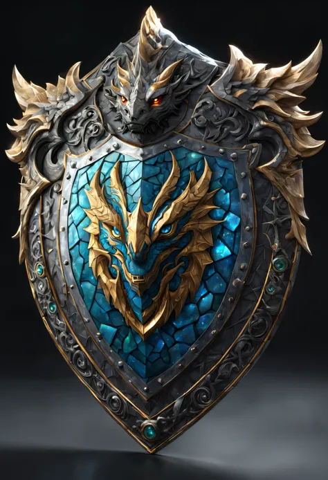 Aigis's shield:A deformed dragon design,Magic Stone,Metallic luster,inlay,beautiful Light and shadow,light reflection,orthan ren...