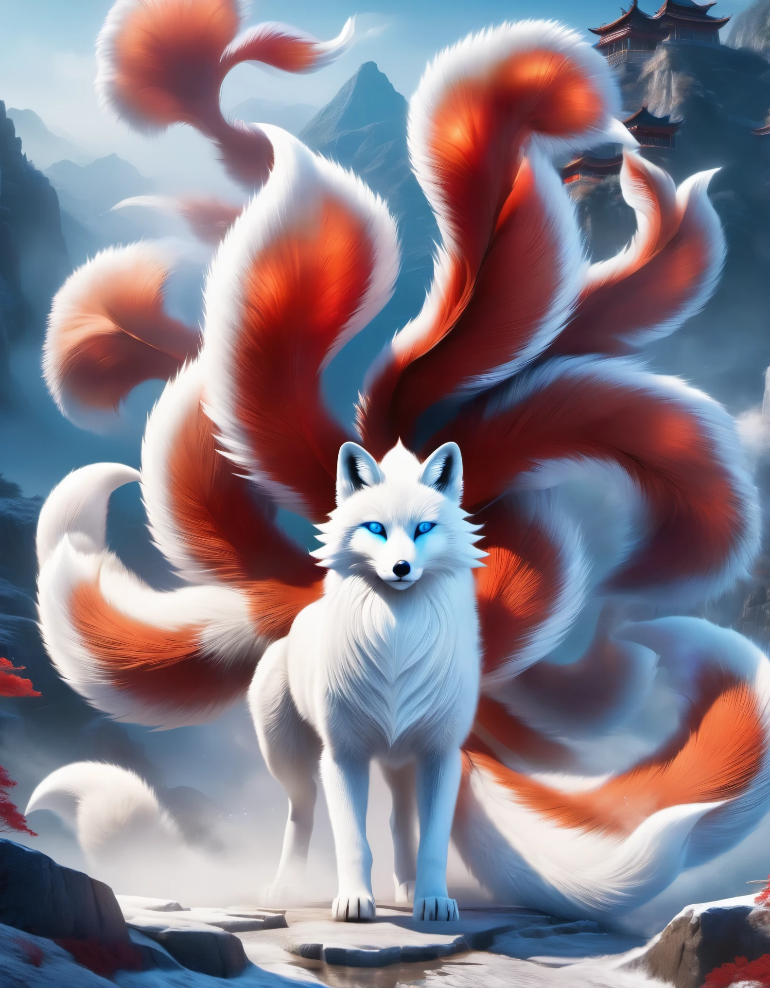 Scene design, role conception, 3D rendering, realistic fur,
In ancient Chinese mythology, A white fox with blue eyes. It has nine red tails，fan-shaped，unfold wildly below。 (Whole body sideways), stand in dynamic poses (The nine huge red tails that protrude from the fox&#39;s waist down), (The edge of each tail exudes a faint silver light), And there are obvious fox claws,
mysterious legend, Chinese mythology, Ancient divine beasts, Chinese mountains and seas, concept art, illustration, 8K, Smooth, Clear focus, fantasy, Epic visual effects, ,