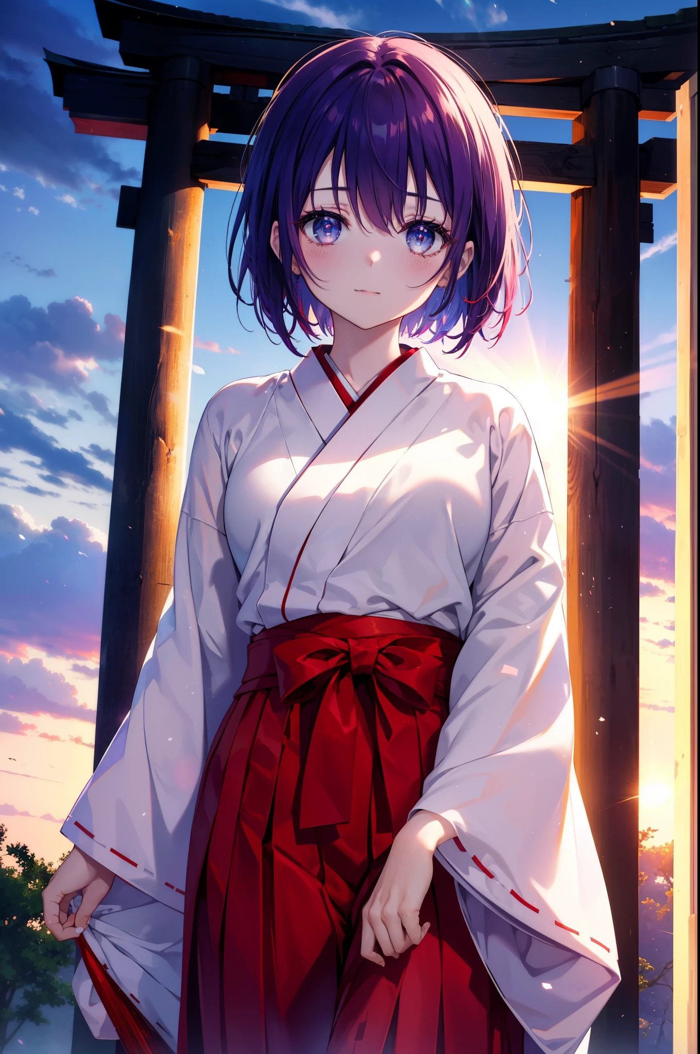 harunasairenji, haruna sairenji, adornos para el cabello, (ojos morados:1.1), cabello purpura, cabello corto, sonrisa,rubor,platicodon,miko,kimono blanco, kimono, rojo también,igual que la falda, manga ancha, manga larga, mangas con ribete de cinta, mediodía,luz del sol,
mirando al espectador, Están de pie, 
descansar al aire libre, santuario,Torii,
descanso mirando al espectador,Parte superior del cuerpo (tiro de vaquero:1.5),
break (obra maestra:1.2), de la máxima calidad, Alta resolución, fondo de pantalla de unidad 8k, (cifra:0.8), (ojos detallados y hermosos:1.6), Cara muy detallada, Iluminación perfecta, CG muy detallado, (manos perfectas, anatomía perfecta),