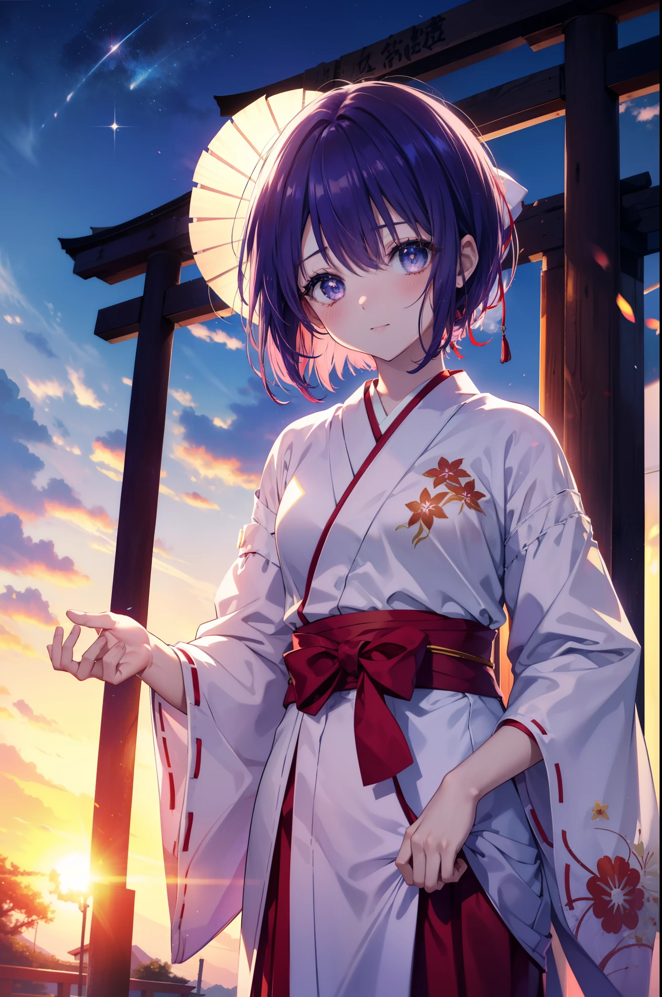 harunasairenji, haruna sairenji, hair ornaments, (purple eyes:1.1), purple hair, short hair, smile,blush,Platycodon,Miko,white kimono, kimono, red hakama,same as skirt, wide sleeve, long sleeve, ribbon trim sleeves, noon,Light of the sun,
looking at the viewer, Are standing, 
break outdoors, shrine,torii,
break looking at viewer,Upper body (cowboy shot:1.5),
break (masterpiece:1.2), highest quality, High resolution, unity 8k wallpaper, (figure:0.8), (detailed and beautiful eyes:1.6), highly detailed face, perfect lighting, Very detailed CG, (perfect hands, perfect anatomy),