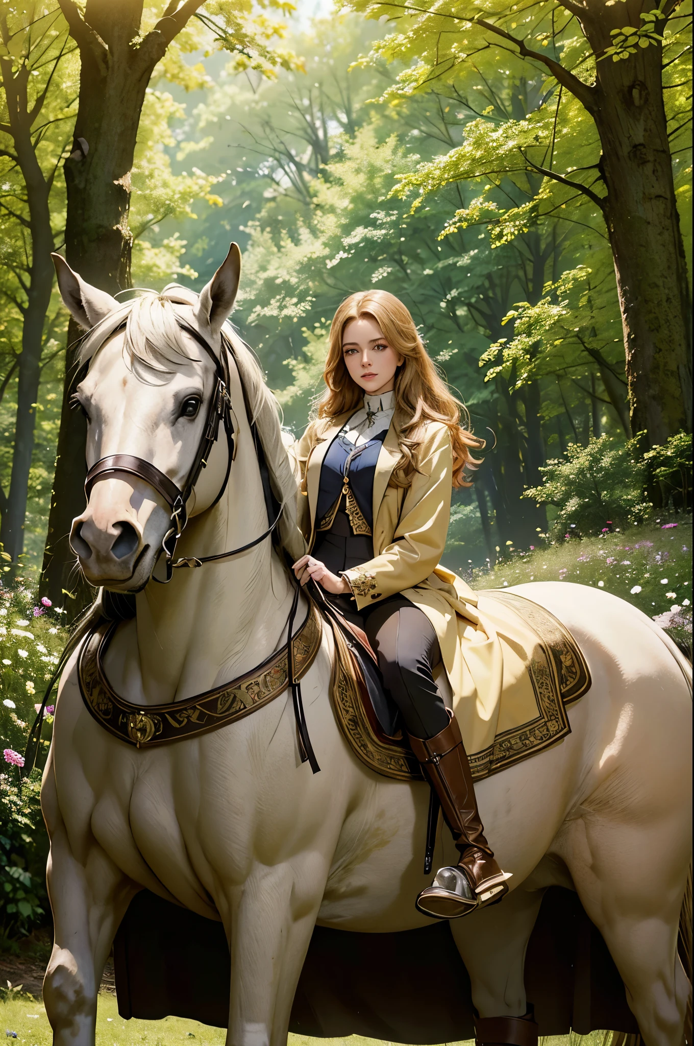 arafe gorgeous german aristocrat woman, old money vibes, ((full body showcase)), wearing luxury woman Equestrian Clothing, 
(best quality,4k,8k,highres,masterpiece:1.2), ultra-detailed, (realistic,photorealistic,photo-realistic:1.37), HDR, UHD, studio lighting, ultra-fine painting, sharp focus, physically-based rendering, extreme detail description, professional, vivid colors, bokeh, portraits, German aristocrat woman, Equestrian Clothing, lush countryside garden, blooming flowers, tall oak trees, warm sunlight, flowing golden locks, elegant riding jacket, fitted jodhpurs, knee-high boots, beautiful chestnut horse, picturesque backdrop.