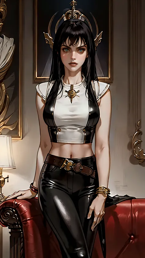 A beautiful woman with long shiny black hair, choppy bangs, a delicate face, a cold proud gaze, a fit figure, a fantasy-style hi...