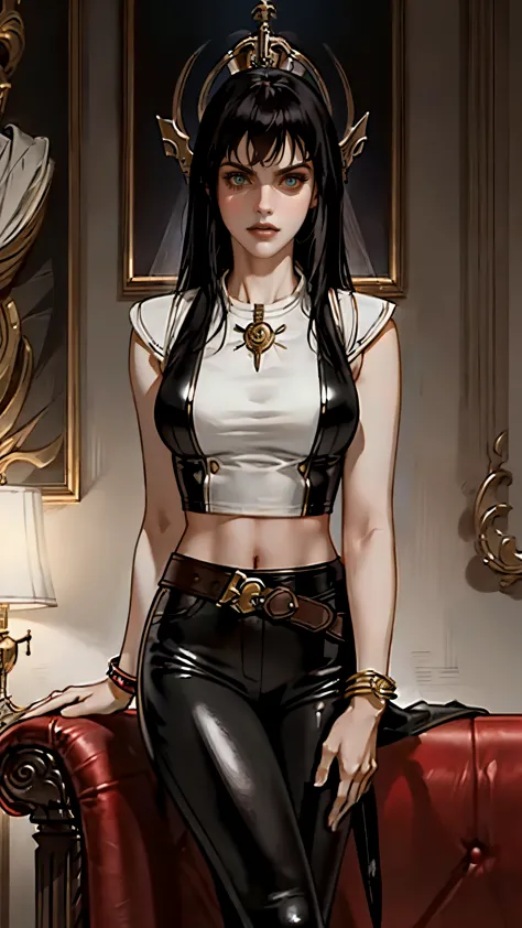 a beautiful woman with long shiny black hair, choppy bangs, a delicate face, a cold proud gaze, a fit figure, a fantasy-style hi...